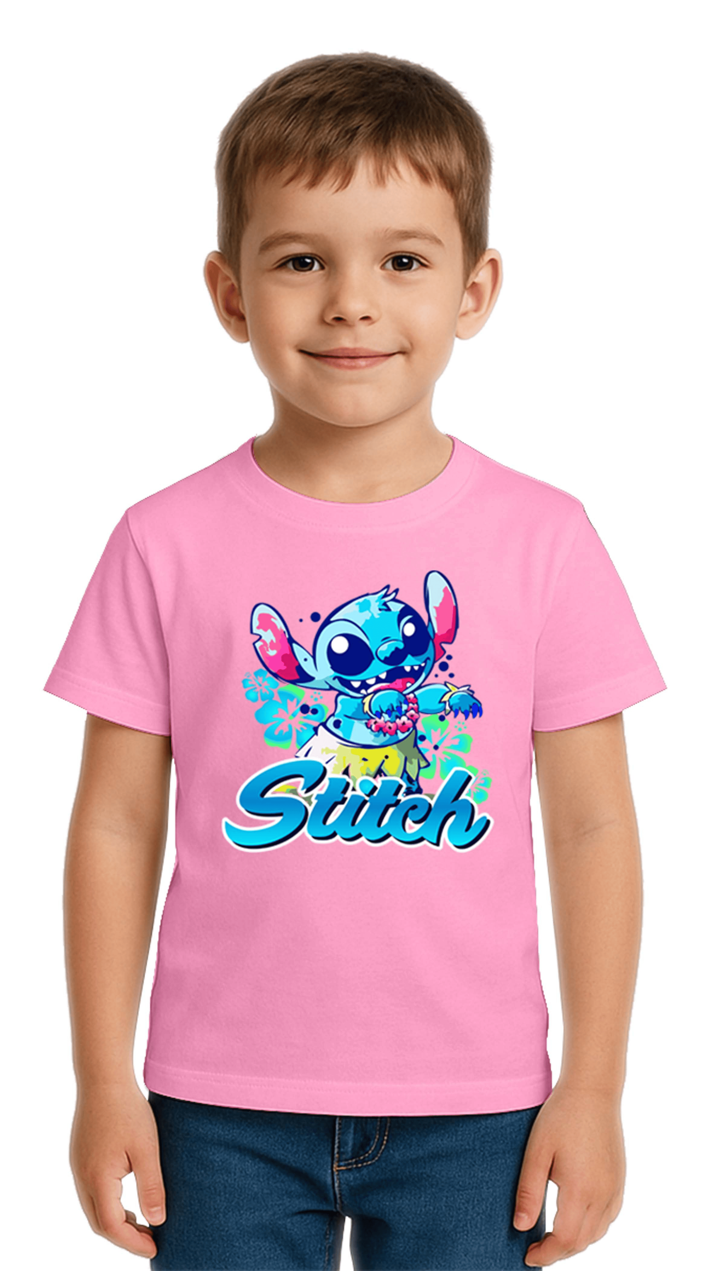 Unisex Stich Baskılı Çocuk Tişört pamuklu penye kumaş