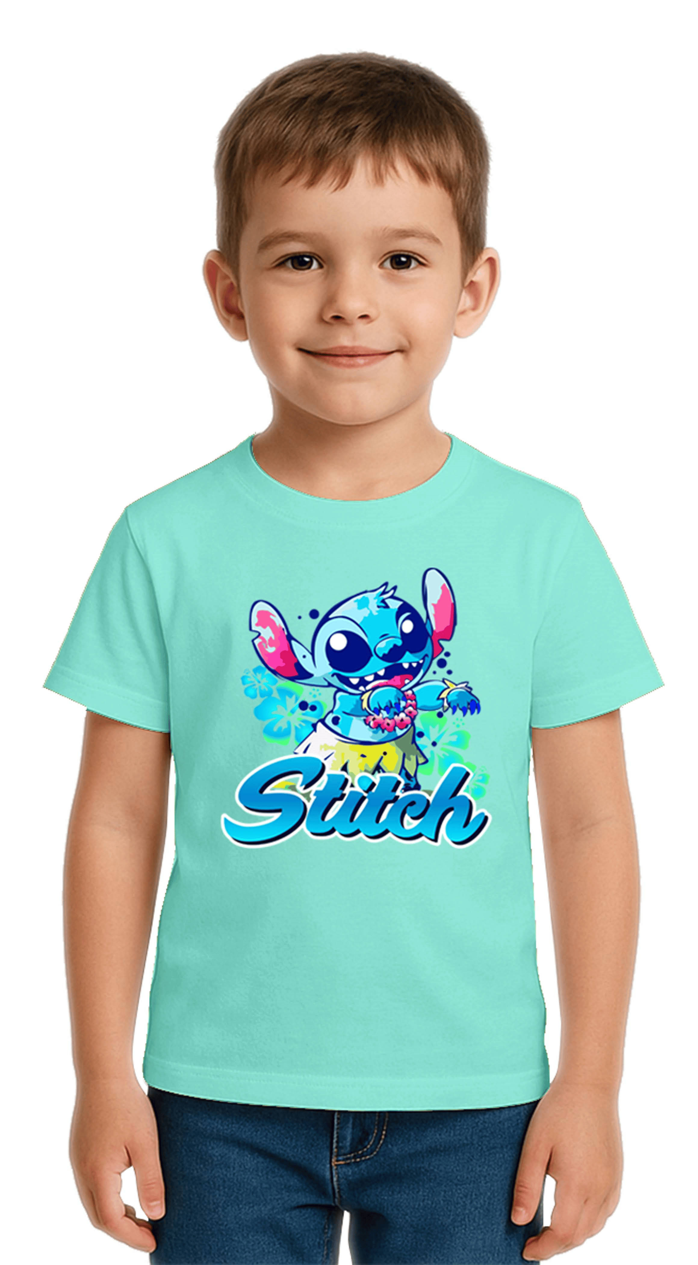 Unisex Stich Baskılı Çocuk Tişört pamuklu penye kumaş