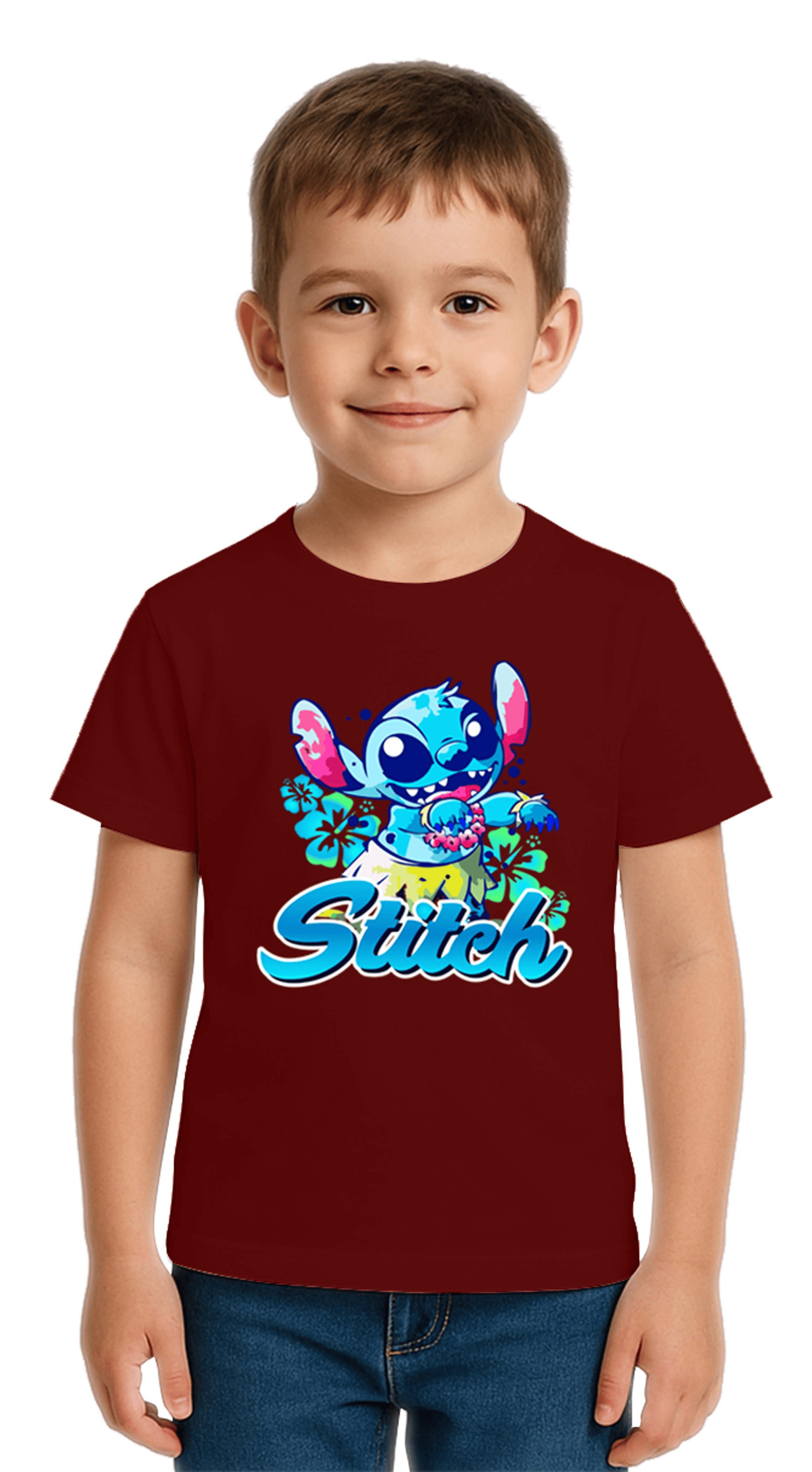 Unisex Stich Baskılı Çocuk Tişört pamuklu penye kumaş