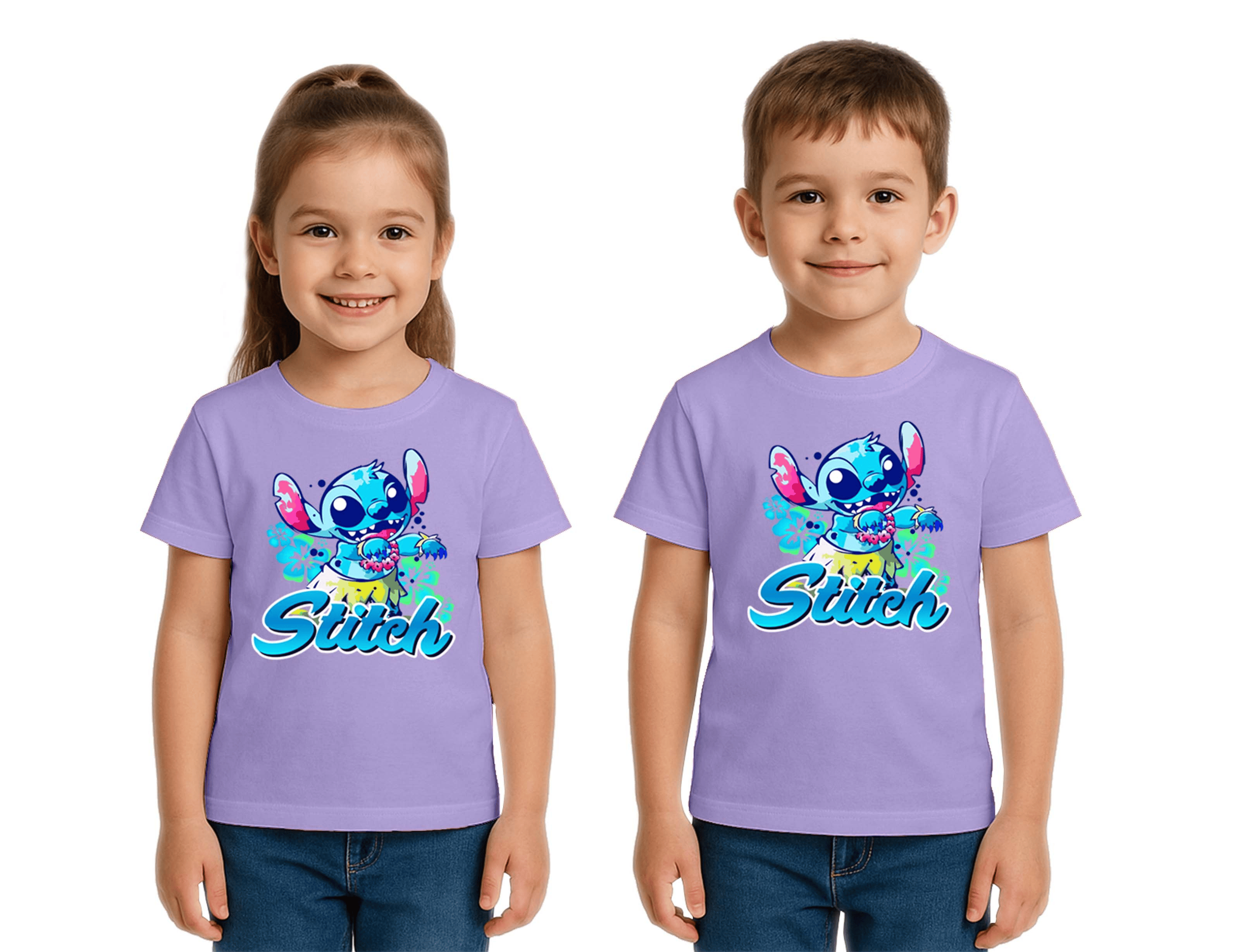 Unisex Stich Baskılı Çocuk Tişört pamuklu penye kumaş
