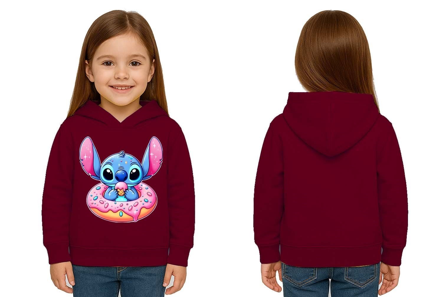 Unisex Stitch Baskılı Çocuk Swaetshirt Baskılı Kapüşonlu 3 İplik Şardonlu