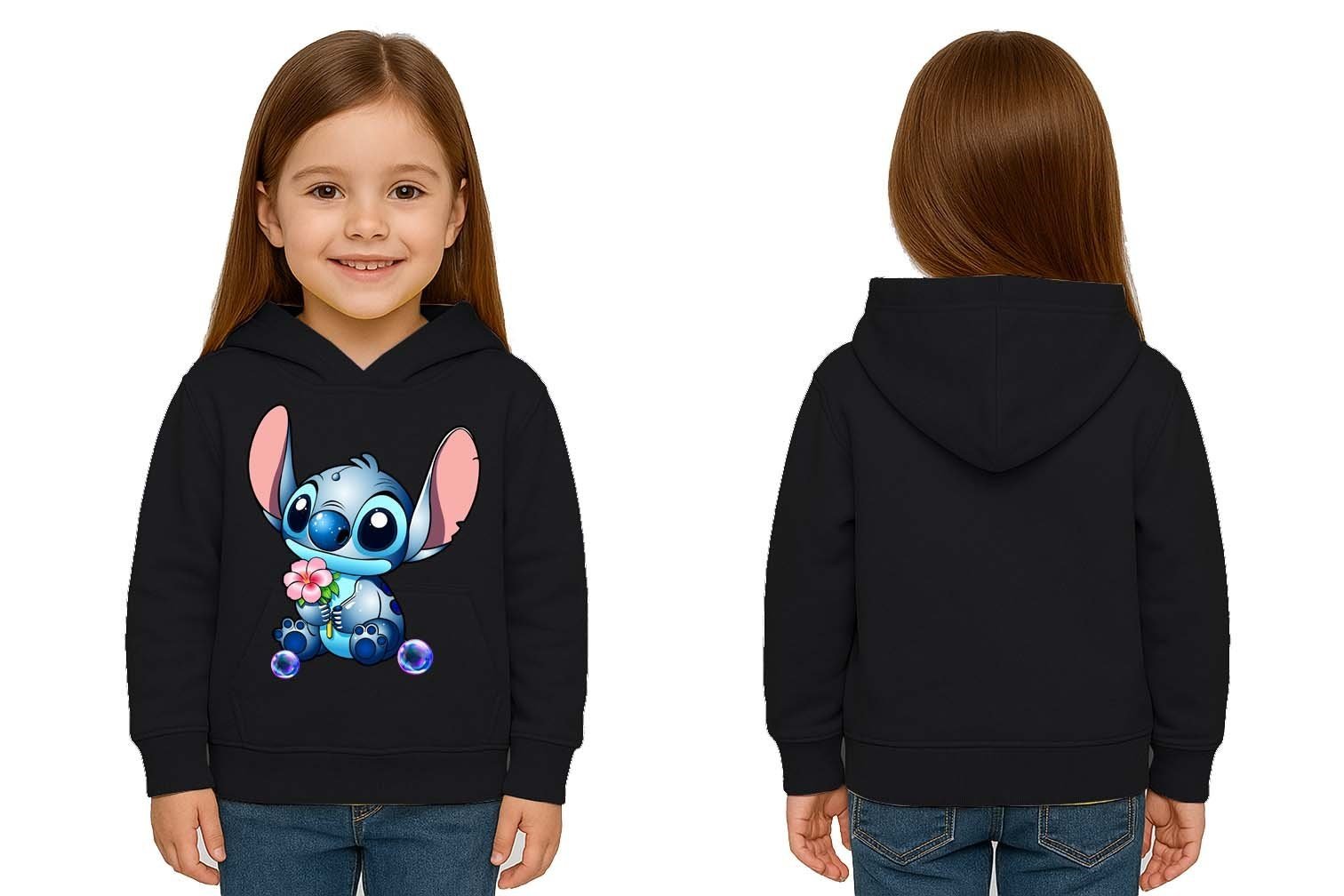 Unisex Stitch Baskılı Çocuk Swaetshirt Baskılı Kapüşonlu 3 İplik Şardonlu