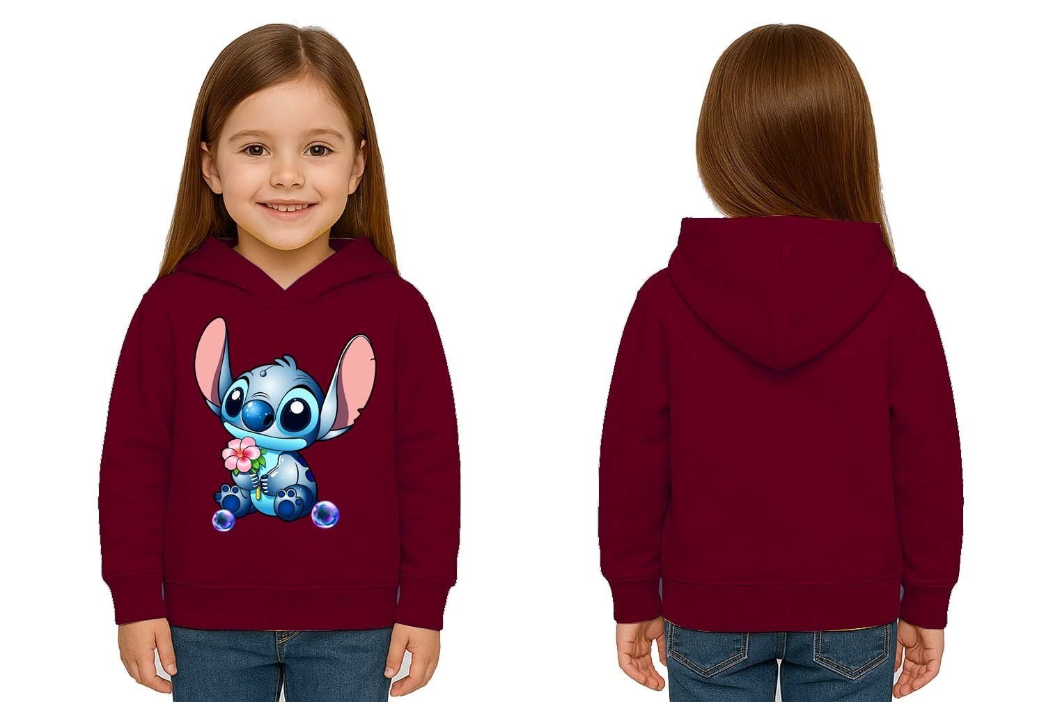 Unisex Stitch Baskılı Çocuk Swaetshirt Baskılı Kapüşonlu 3 İplik Şardonlu