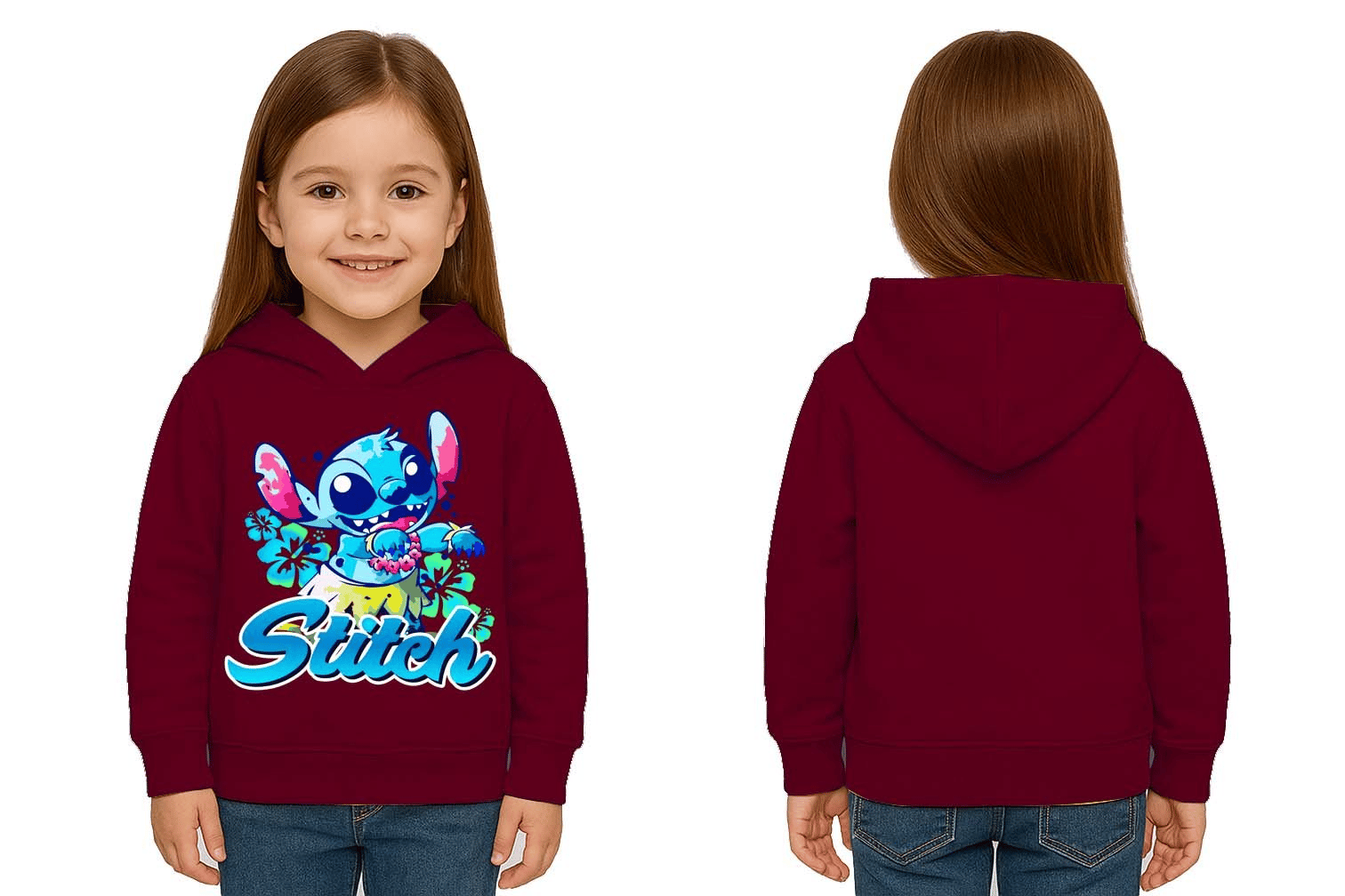 Unisex Stitch Baskılı Çocuk Swaetshirt  Baskılı Kapüşonlu 3 İplik Şardonlu