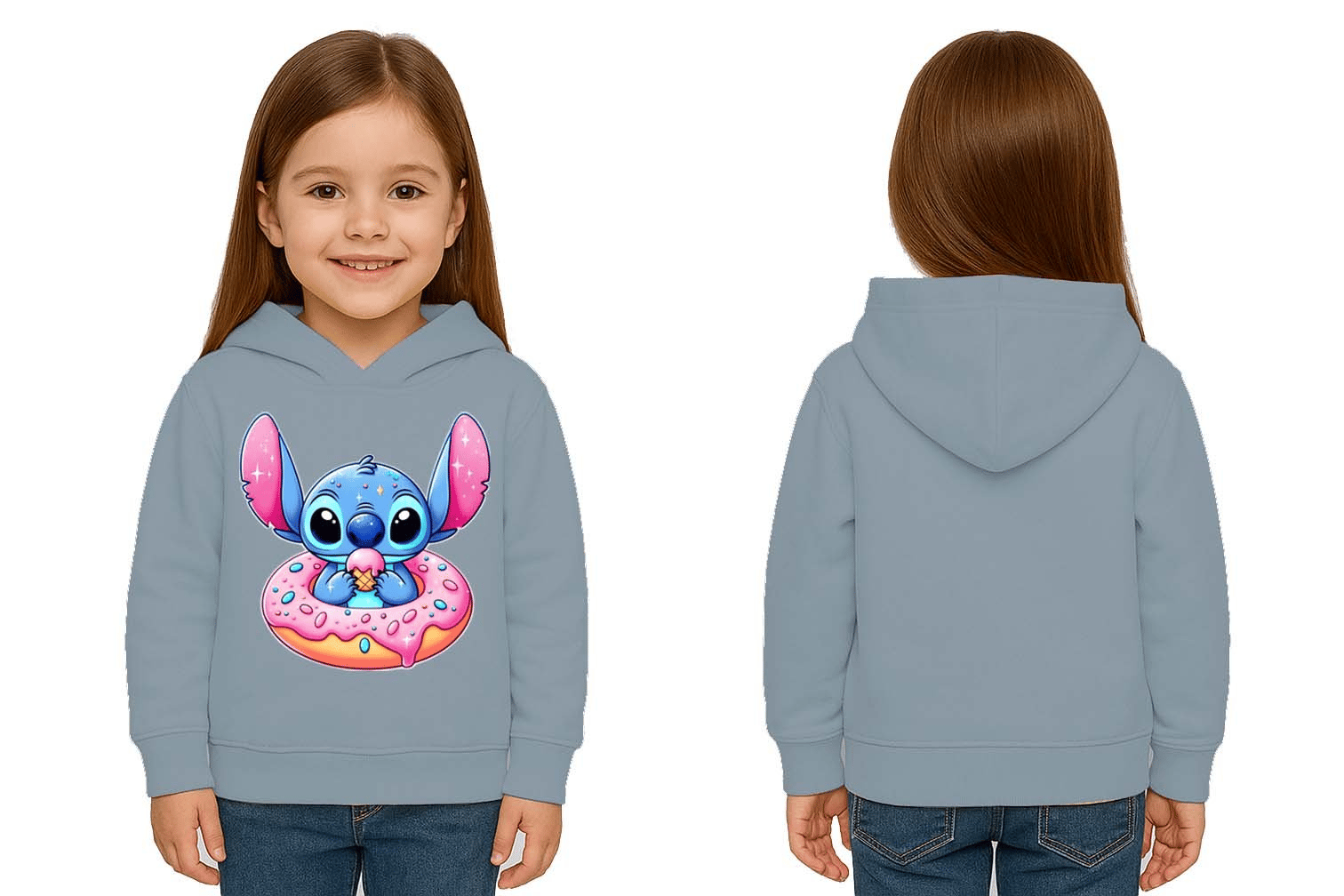 Unisex Stitch Baskılı Çocuk Swaetshirt Baskılı Kapüşonlu 3 İplik Şardonlu