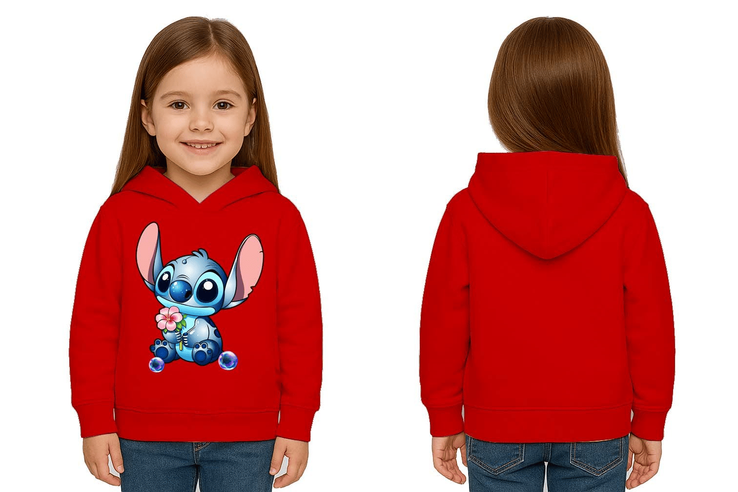Unisex Stitch Baskılı Çocuk Swaetshirt Baskılı Kapüşonlu 3 İplik Şardonlu
