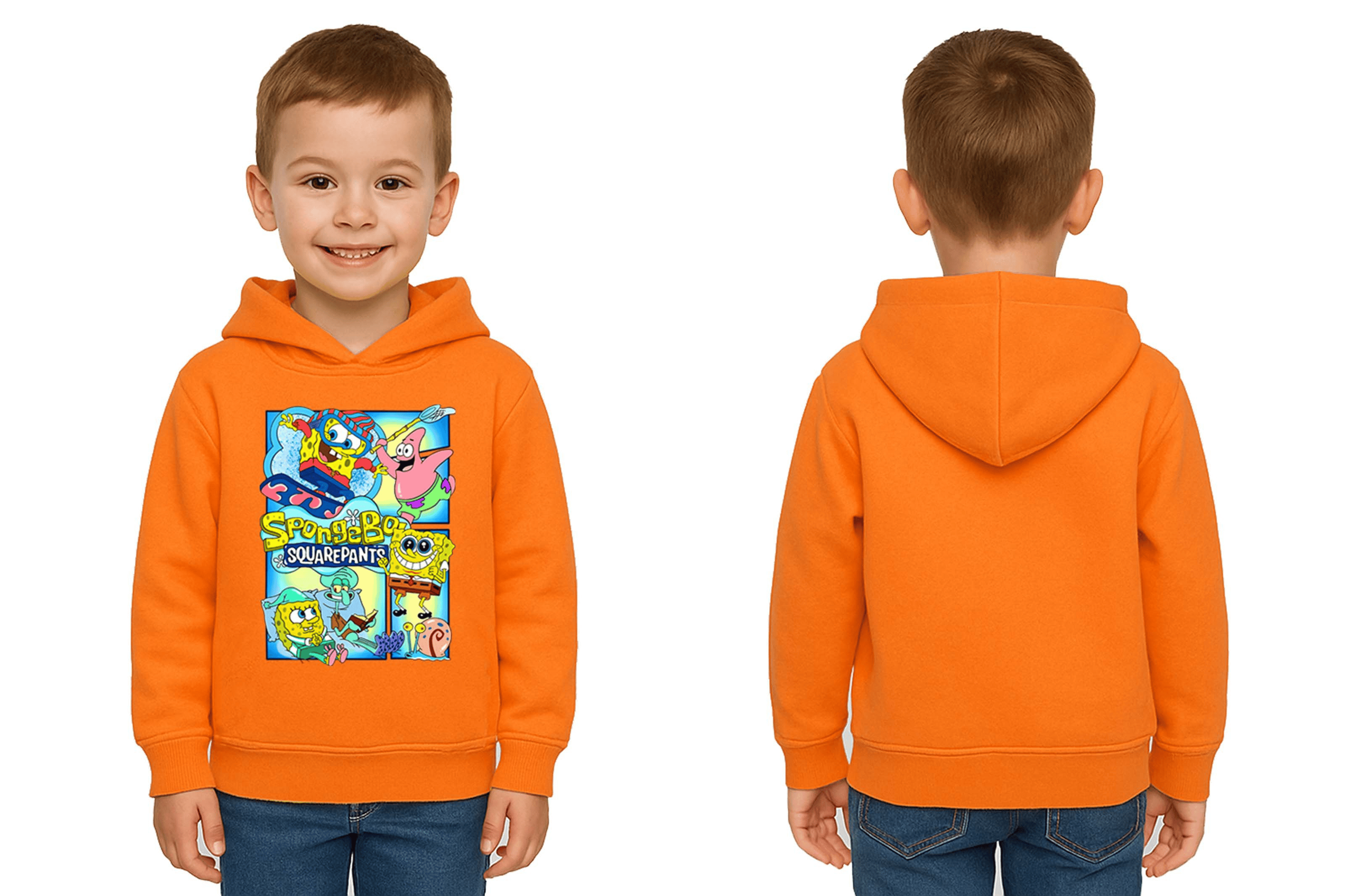 Unisex Sünger Bob Baskılı Çocuk Swaetshirt Kapşonlu 3 İplik Şardonlu