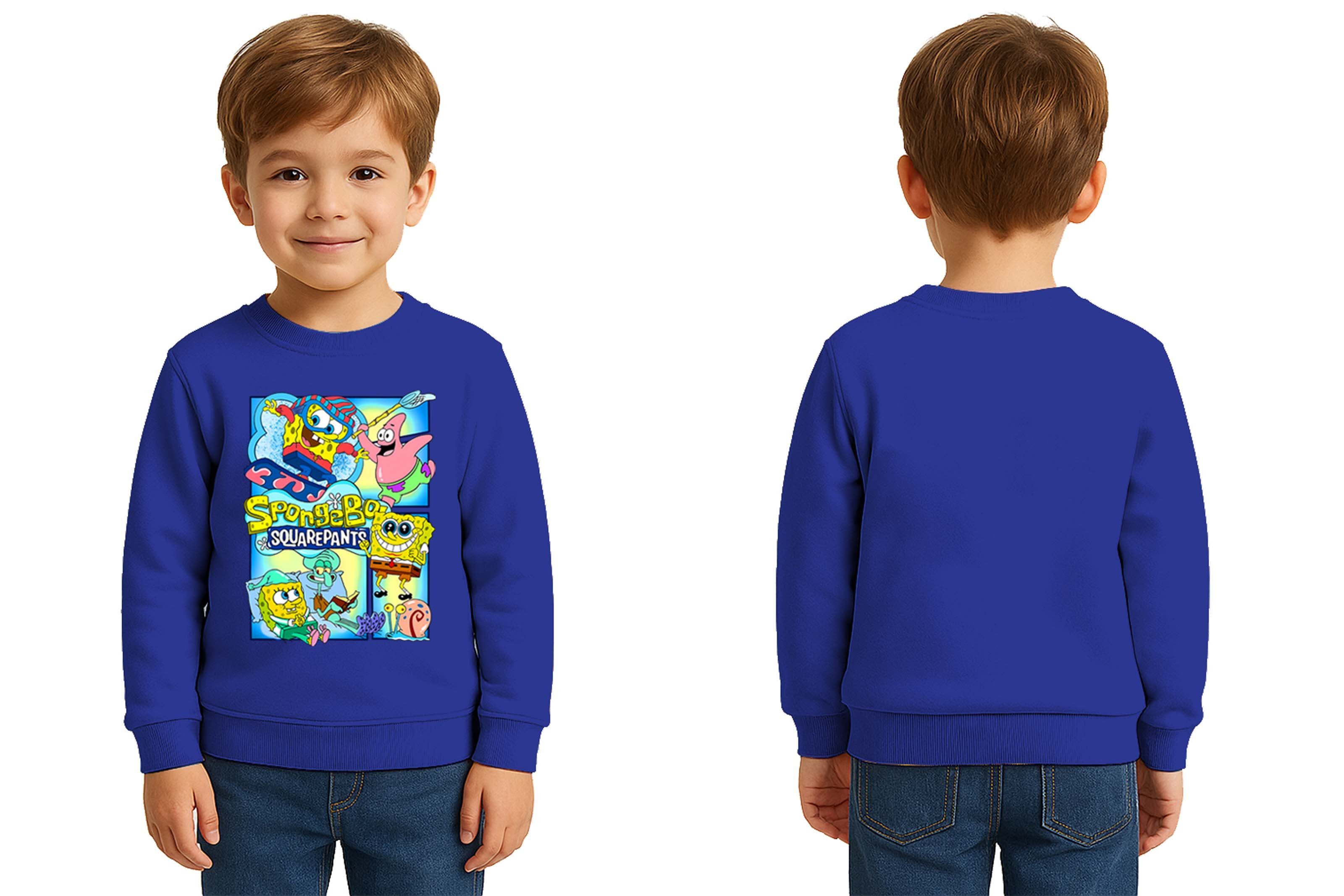 Unisex Sünger Bob Baskılı Çocuk Swaetshirt 3 İplik Şardonlu