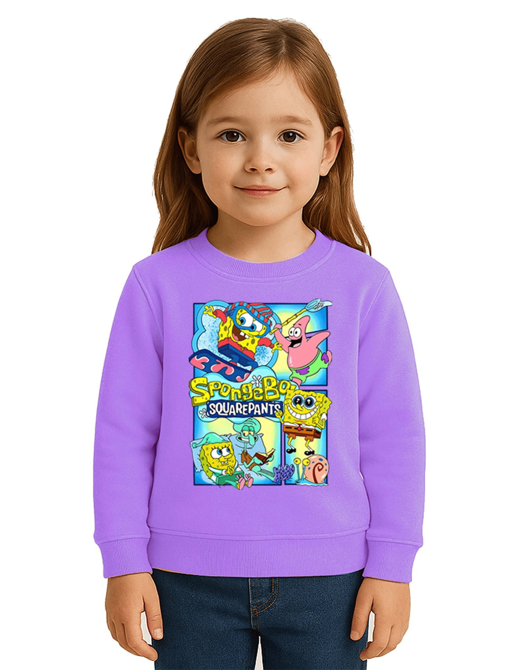 Unisex Sünger Bob Baskılı Çocuk Swaetshirt 3 İplik Şardonlu