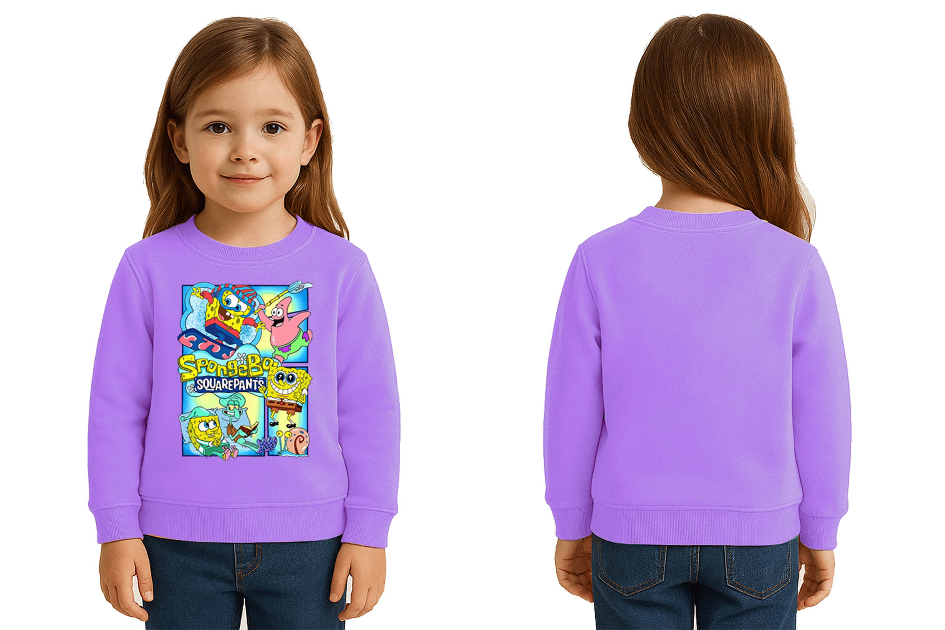 Unisex Sünger Bob Baskılı Çocuk Swaetshirt 3 İplik Şardonlu