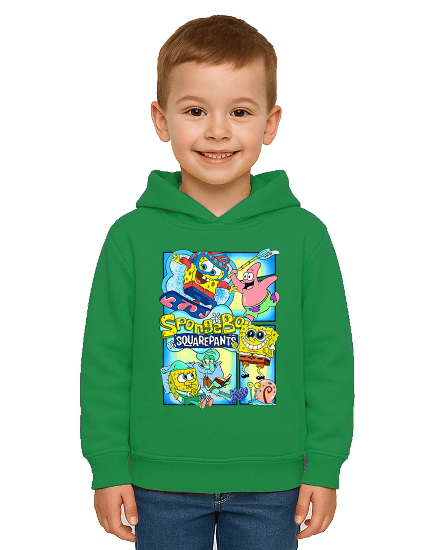 Unisex Sünger Bob Baskılı Çocuk Swaetshirt Kapşonlu 3 İplik Şardonlu
