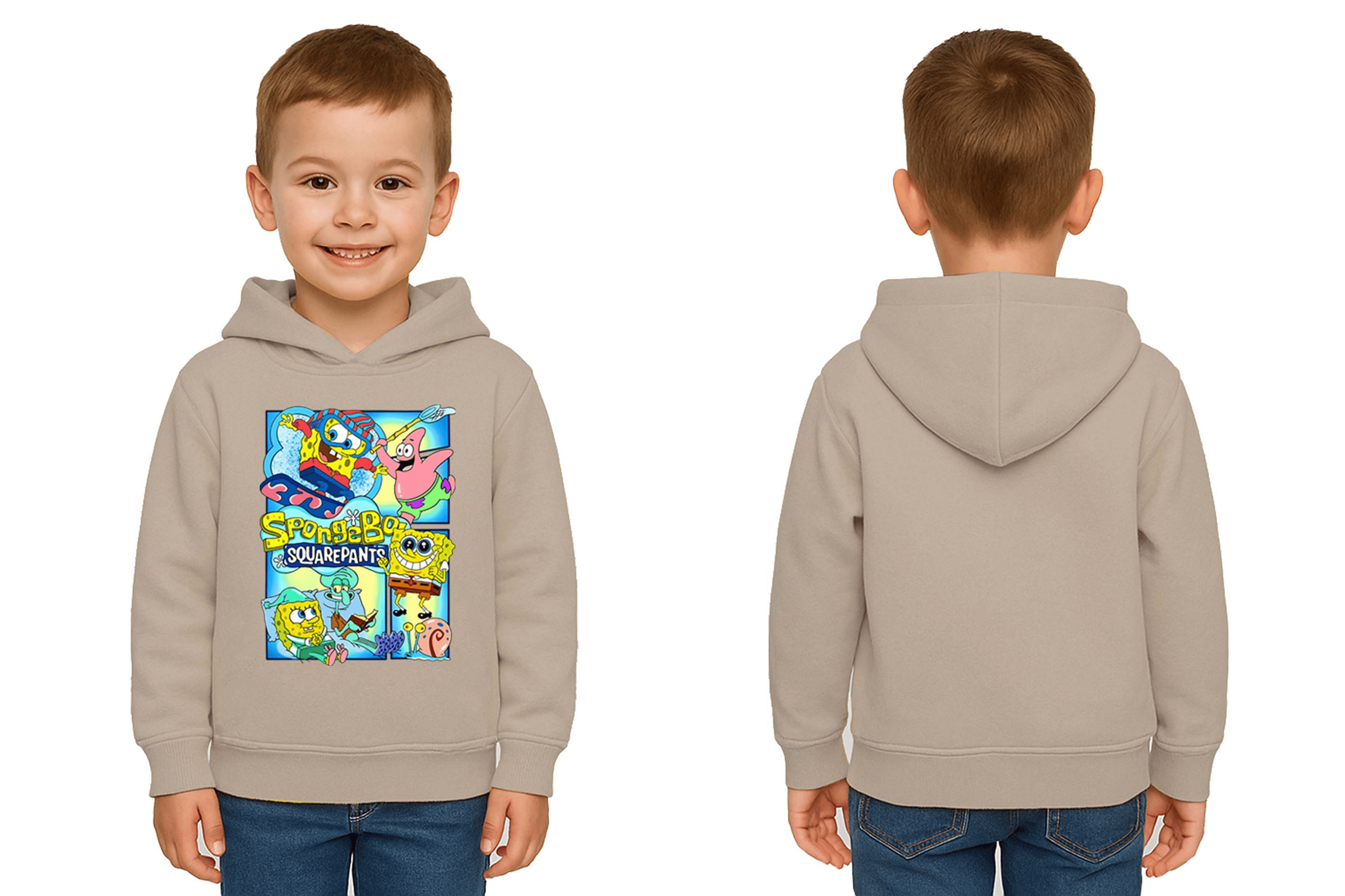 Unisex Sünger Bob Baskılı Çocuk Swaetshirt Kapşonlu 3 İplik Şardonlu