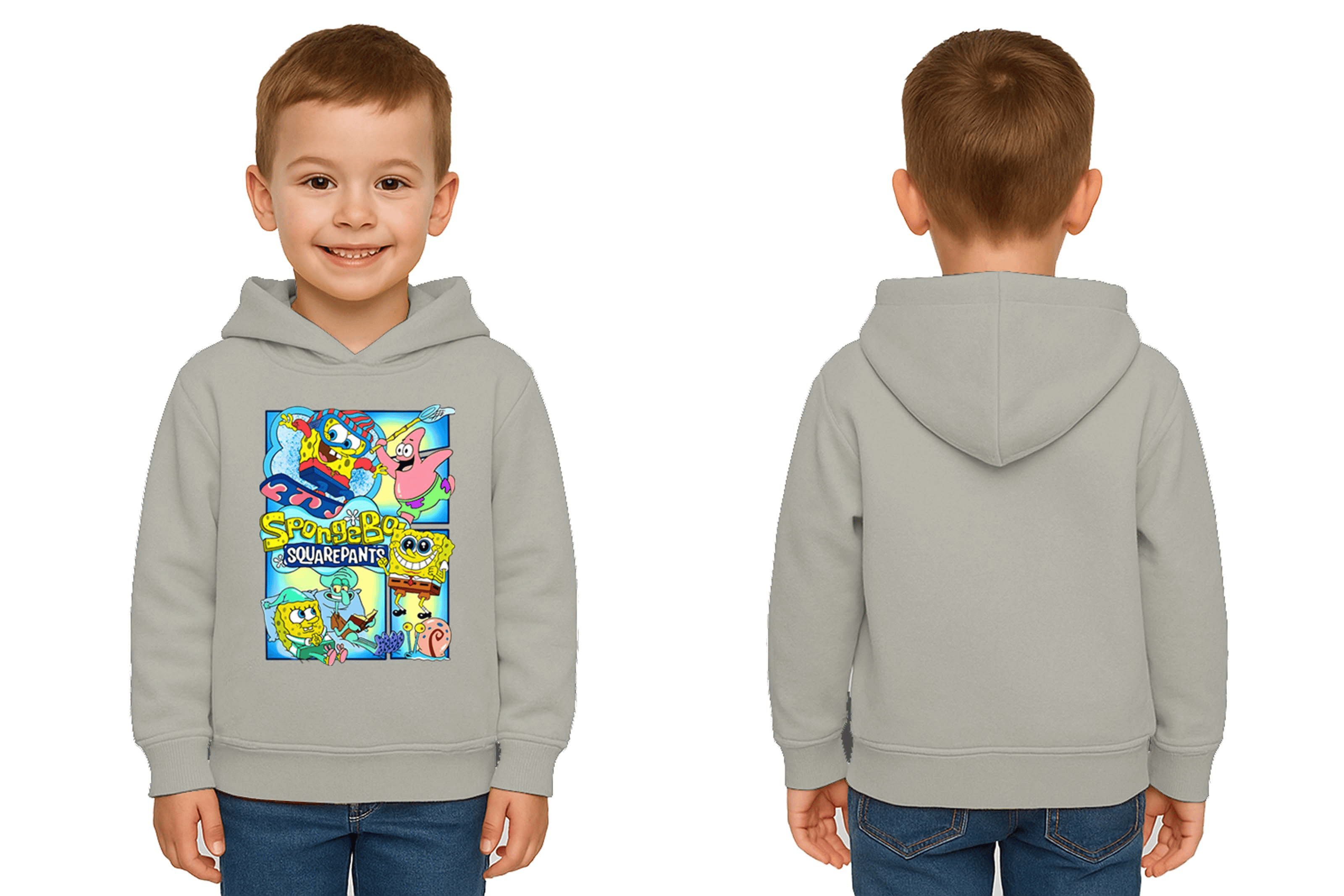 Unisex Sünger Bob Baskılı Çocuk Swaetshirt Kapşonlu 3 İplik Şardonlu