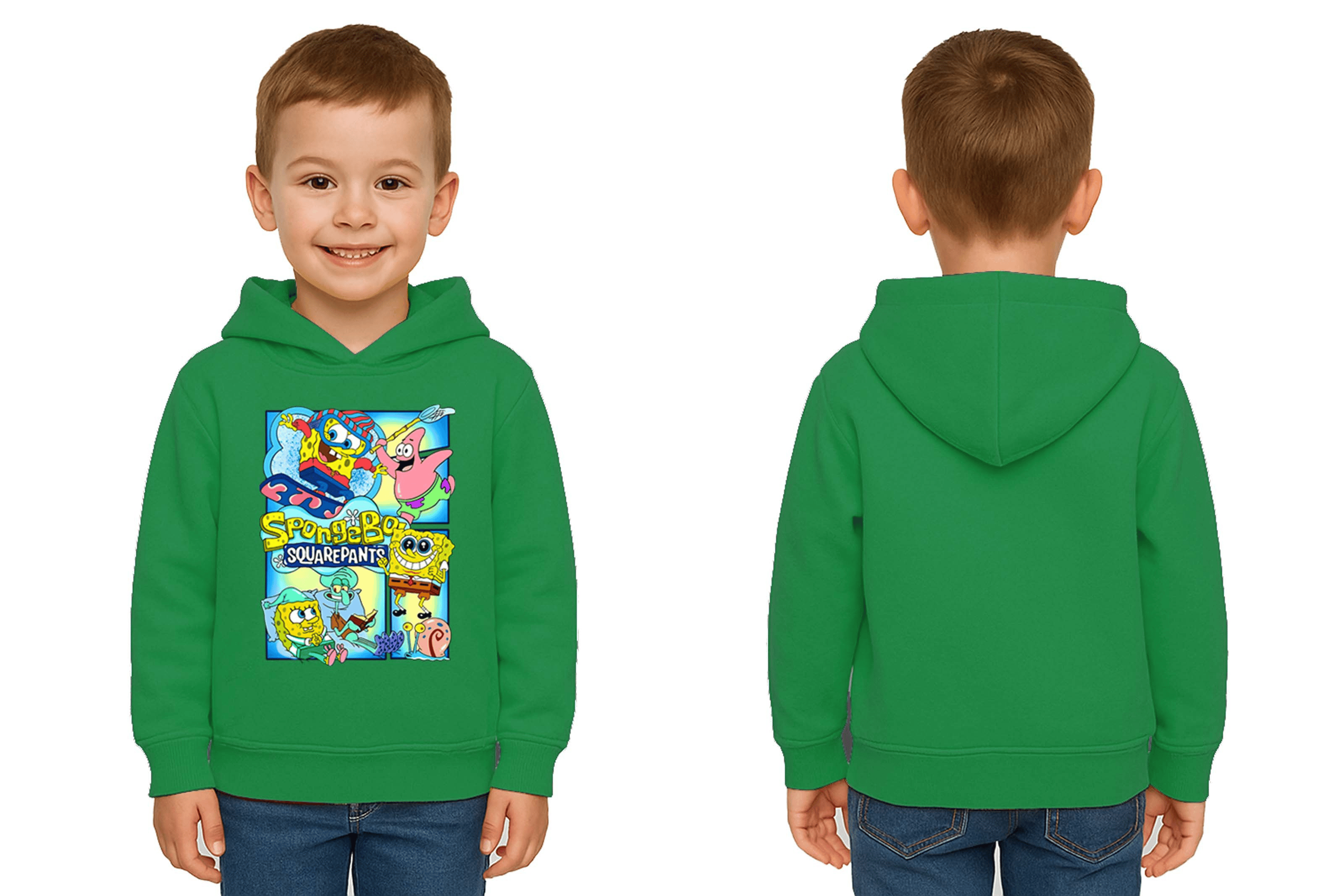 Unisex Sünger Bob Baskılı Çocuk Swaetshirt Kapşonlu 3 İplik Şardonlu