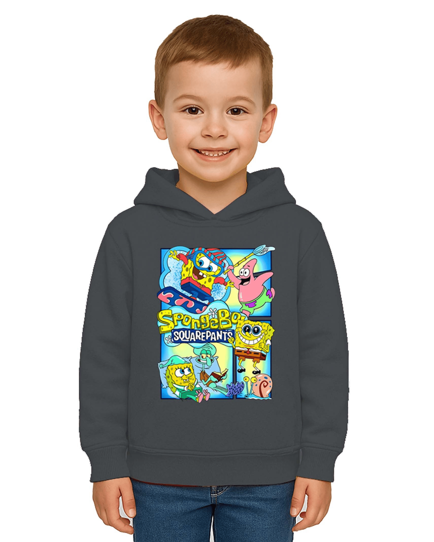 Unisex Sünger Bob Baskılı Çocuk Swaetshirt Kapşonlu 3 İplik Şardonlu