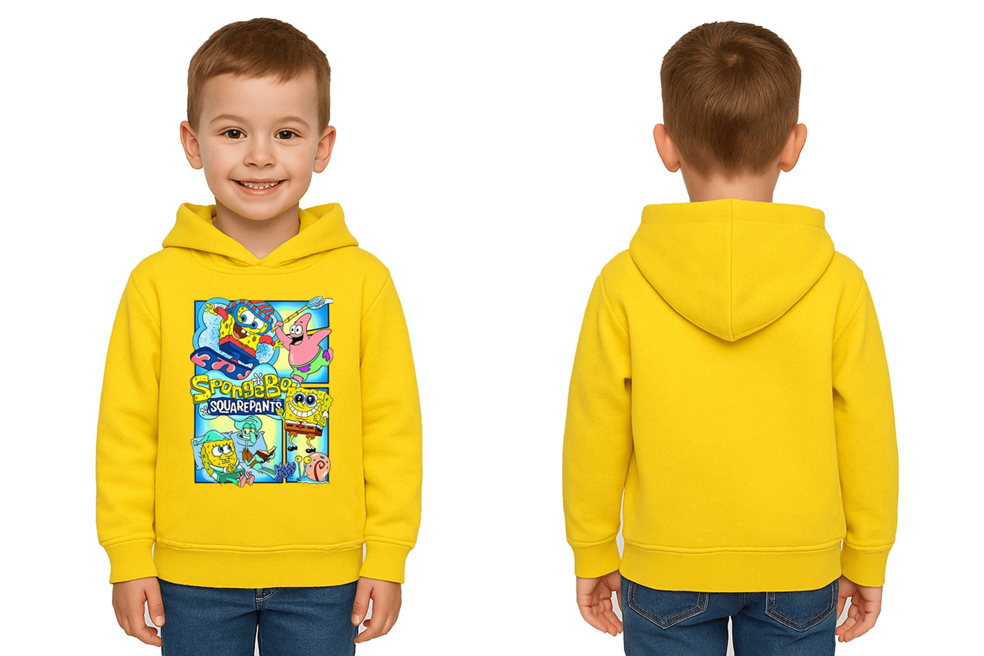 Unisex Sünger Bob Baskılı Çocuk Swaetshirt Kapşonlu 3 İplik Şardonlu