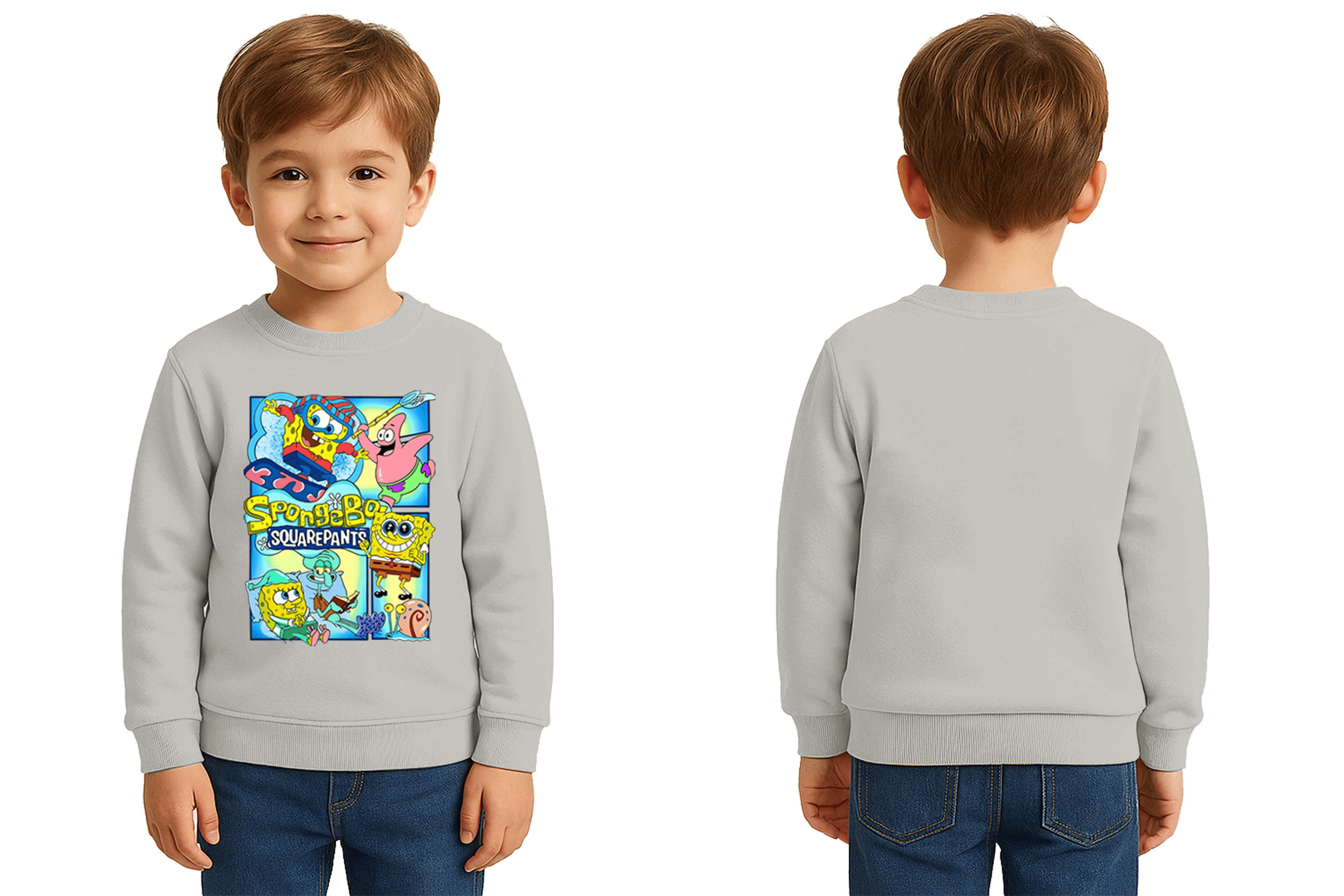 Unisex Sünger Bob Baskılı Çocuk Swaetshirt 3 İplik Şardonlu