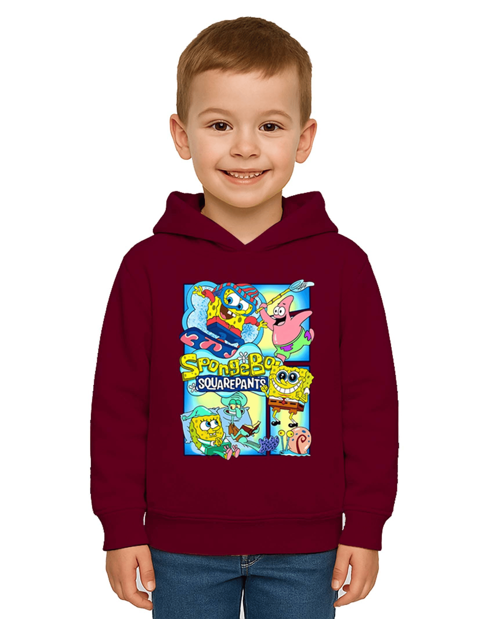 Unisex Sünger Bob Baskılı Çocuk Swaetshirt Kapşonlu 3 İplik Şardonlu