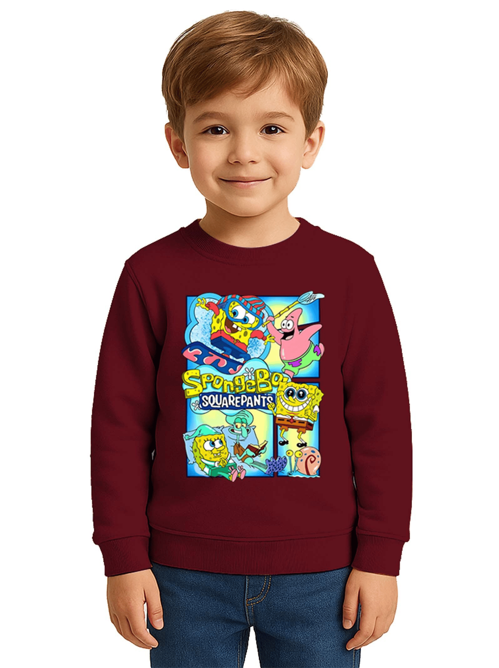 Unisex Sünger Bob Baskılı Çocuk Swaetshirt 3 İplik Şardonlu