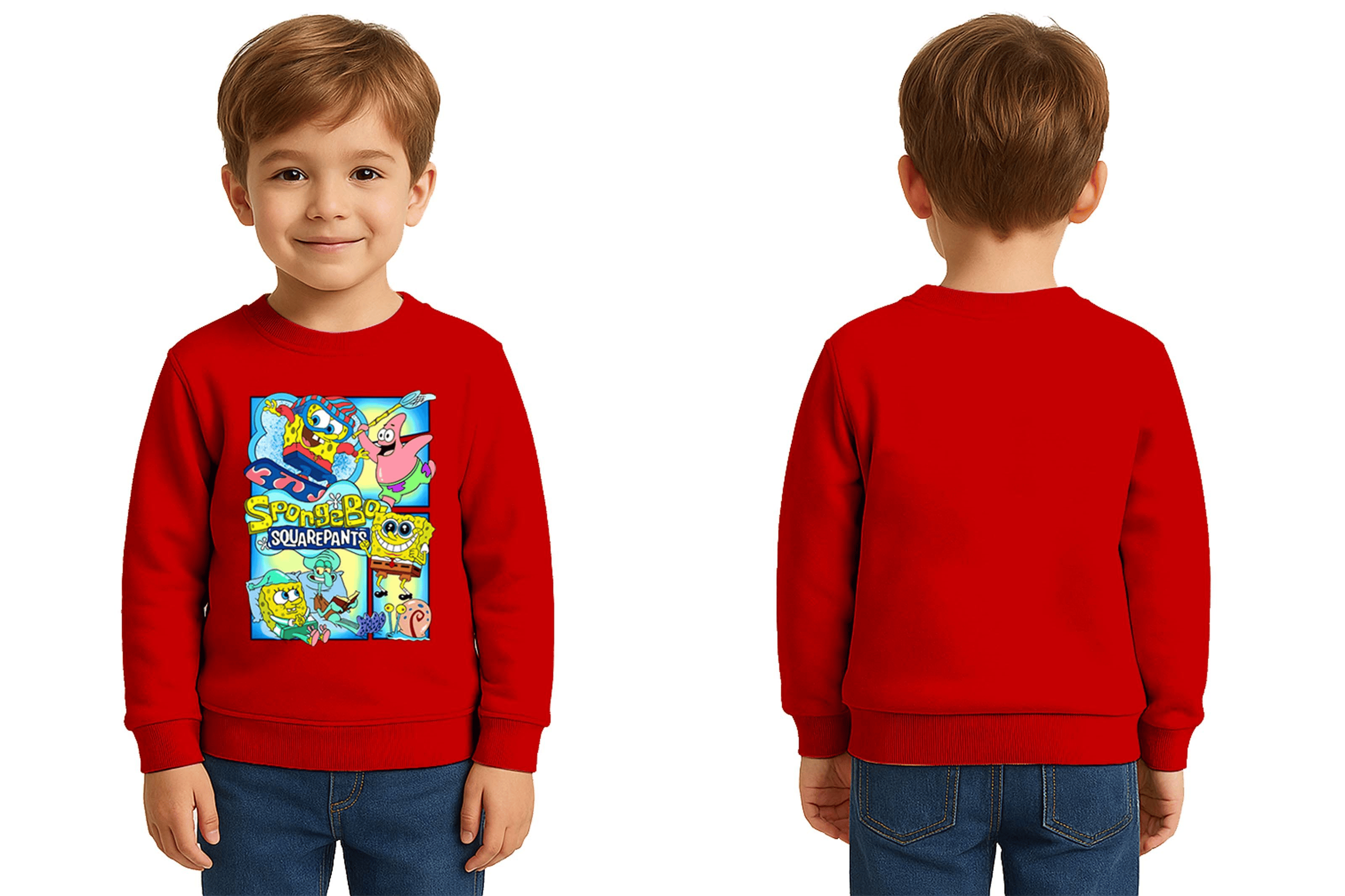 Unisex Sünger Bob Baskılı Çocuk Swaetshirt 3 İplik Şardonlu