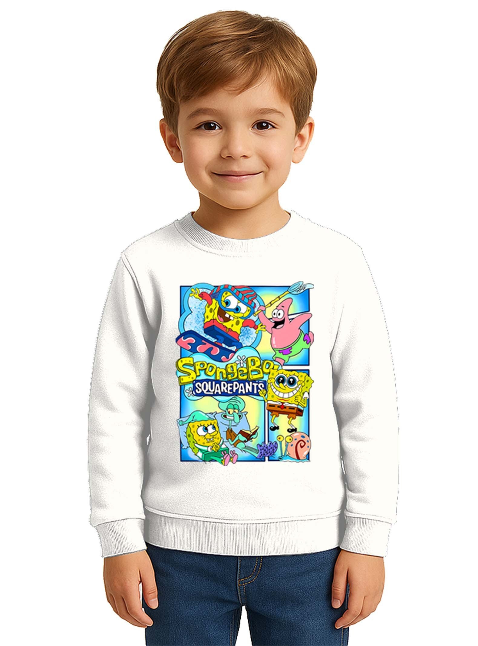Unisex Sünger Bob Baskılı Çocuk Swaetshirt 3 İplik Şardonlu