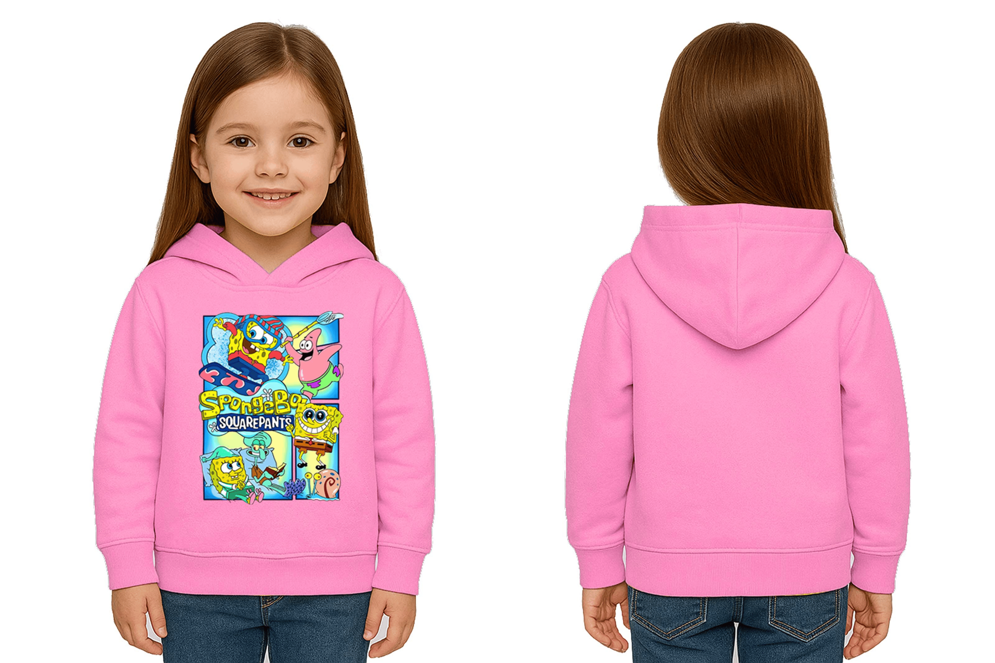 Unisex Sünger Bob Baskılı Çocuk Swaetshirt Kapşonlu 3 İplik Şardonlu
