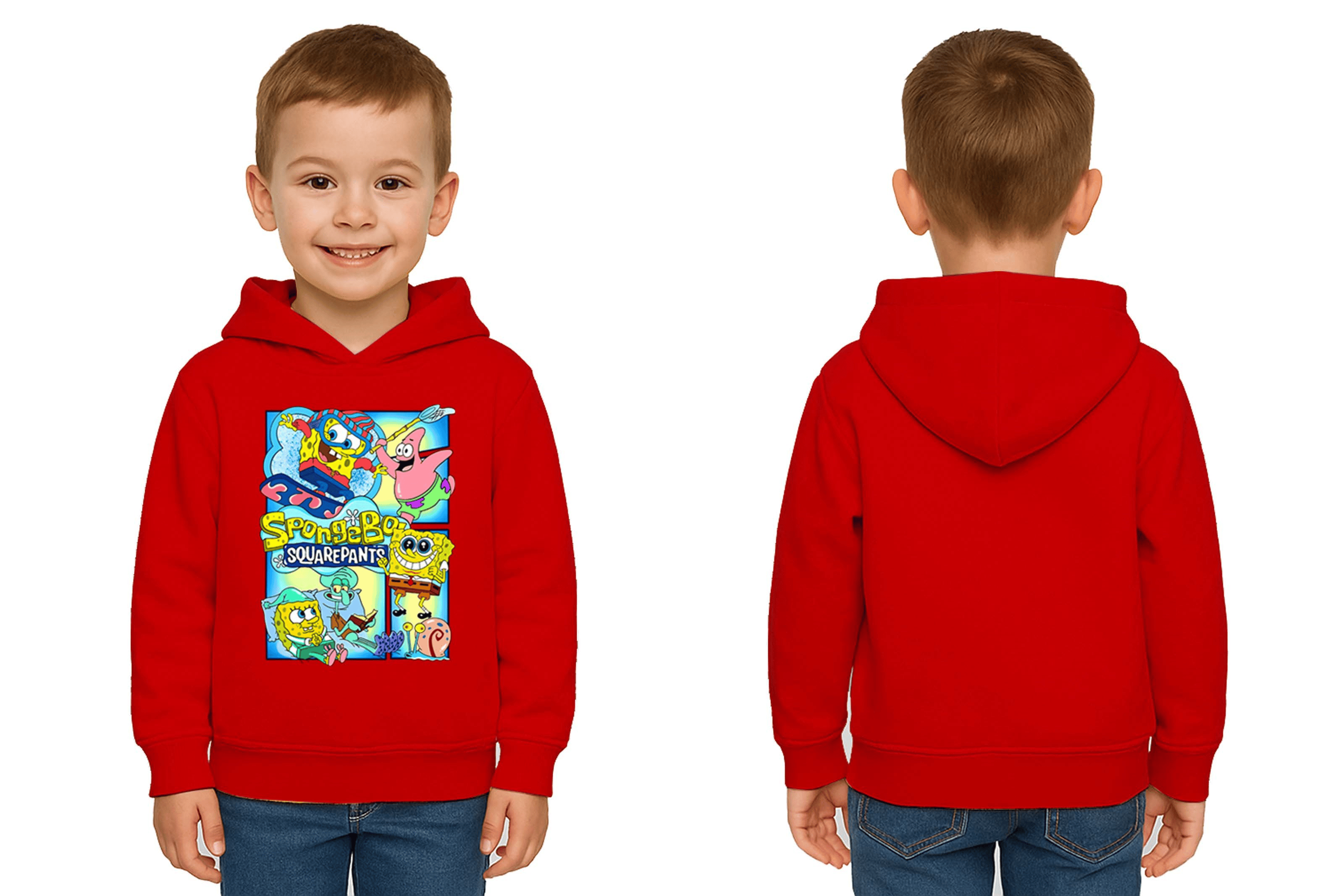 Unisex Sünger Bob Baskılı Çocuk Swaetshirt Kapşonlu 3 İplik Şardonlu