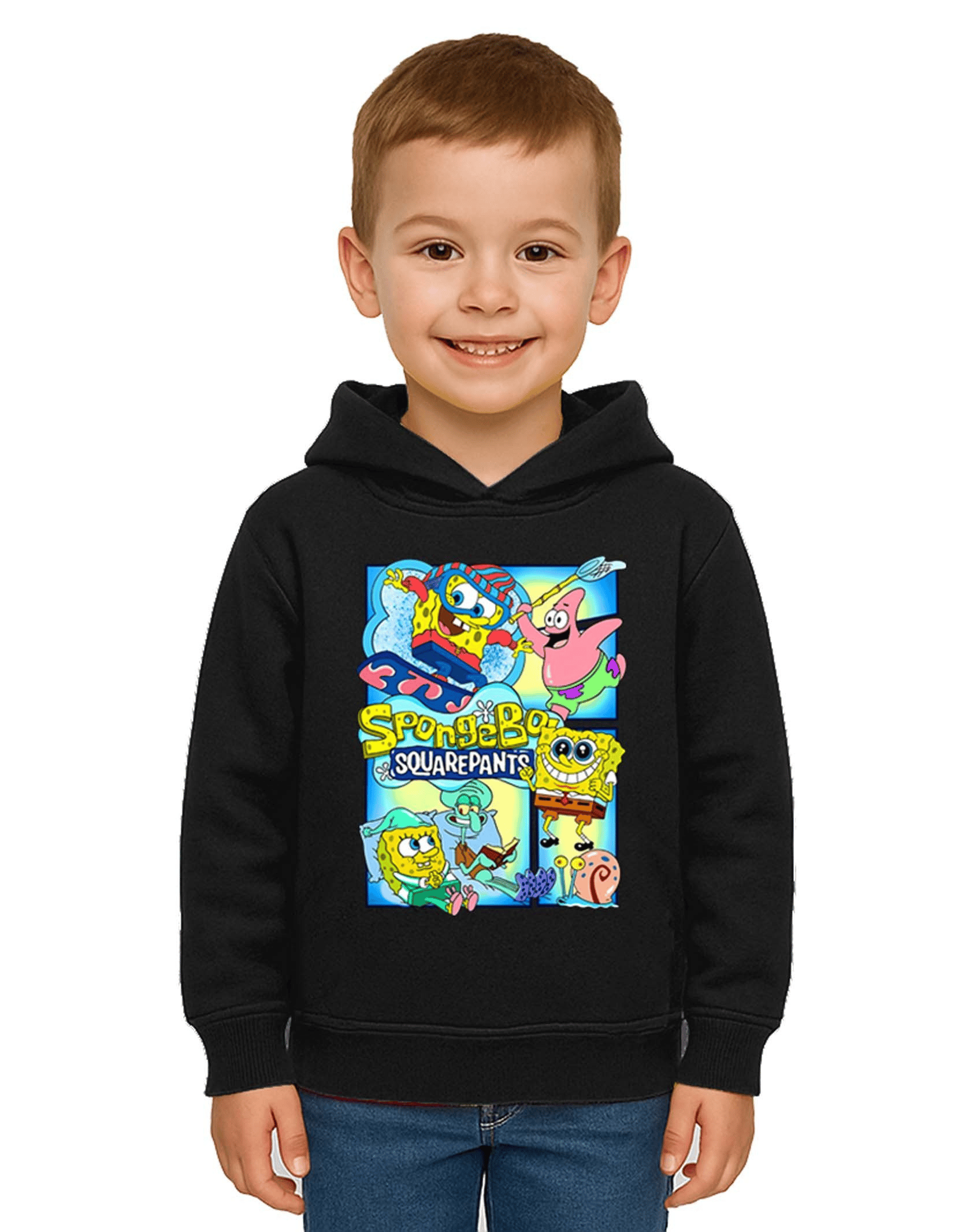 Unisex Sünger Bob Baskılı Çocuk Swaetshirt Kapşonlu 3 İplik Şardonlu