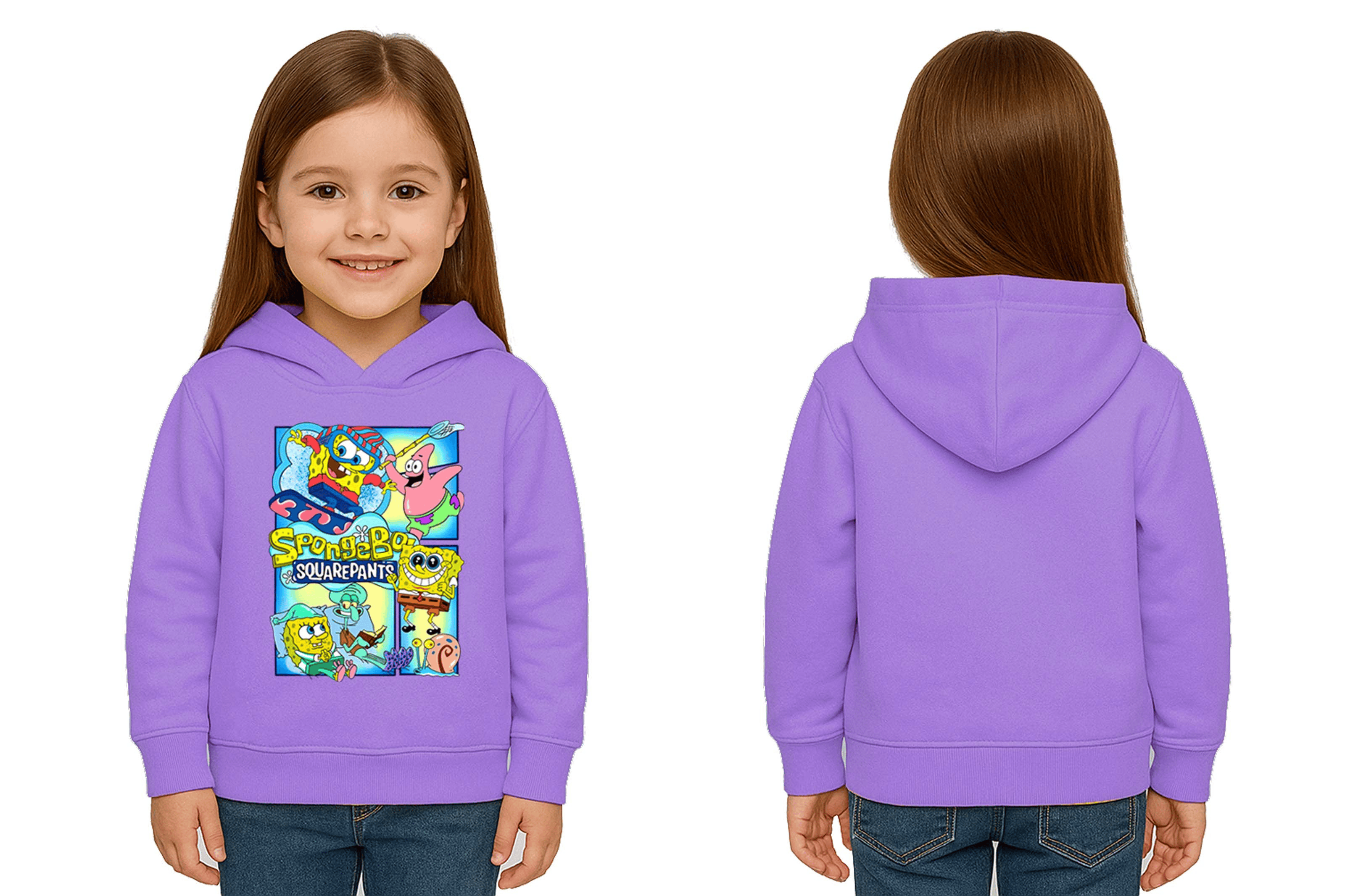 Unisex Sünger Bob Baskılı Çocuk Swaetshirt Kapşonlu 3 İplik Şardonlu