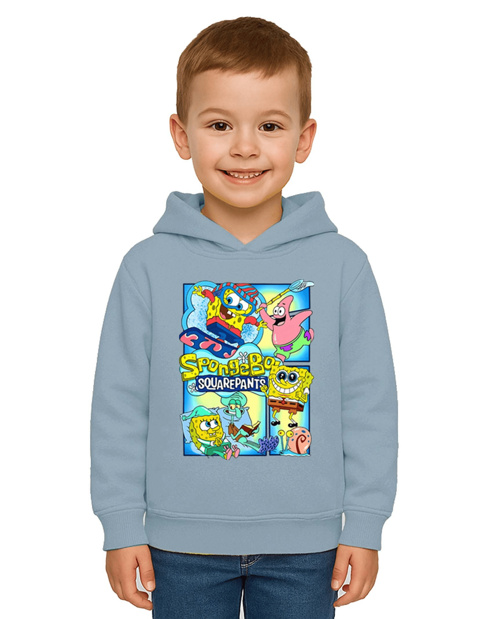 Unisex Sünger Bob Baskılı Çocuk Swaetshirt Kapşonlu 3 İplik Şardonlu