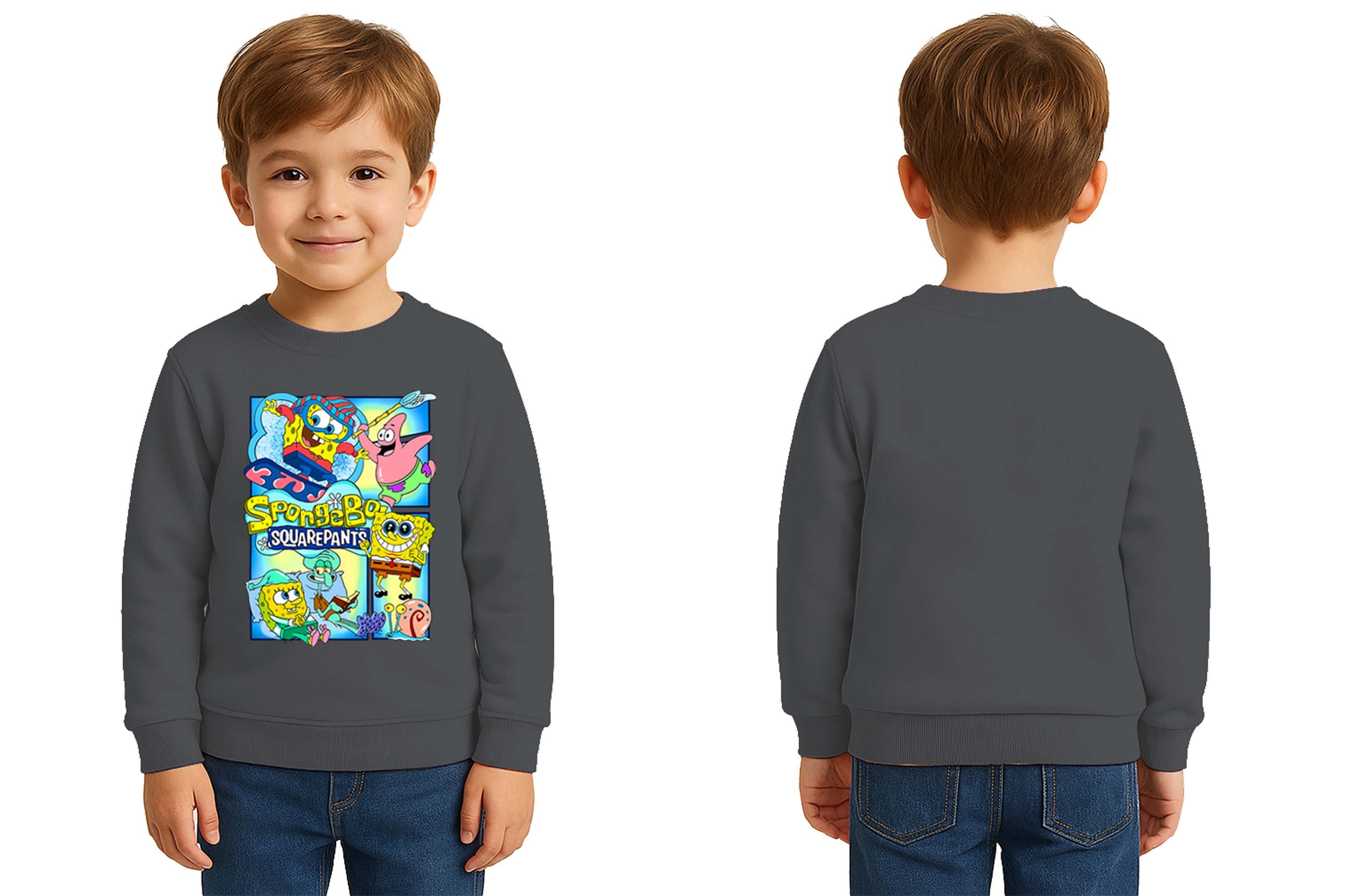 Unisex Sünger Bob Baskılı Çocuk Swaetshirt 3 İplik Şardonlu