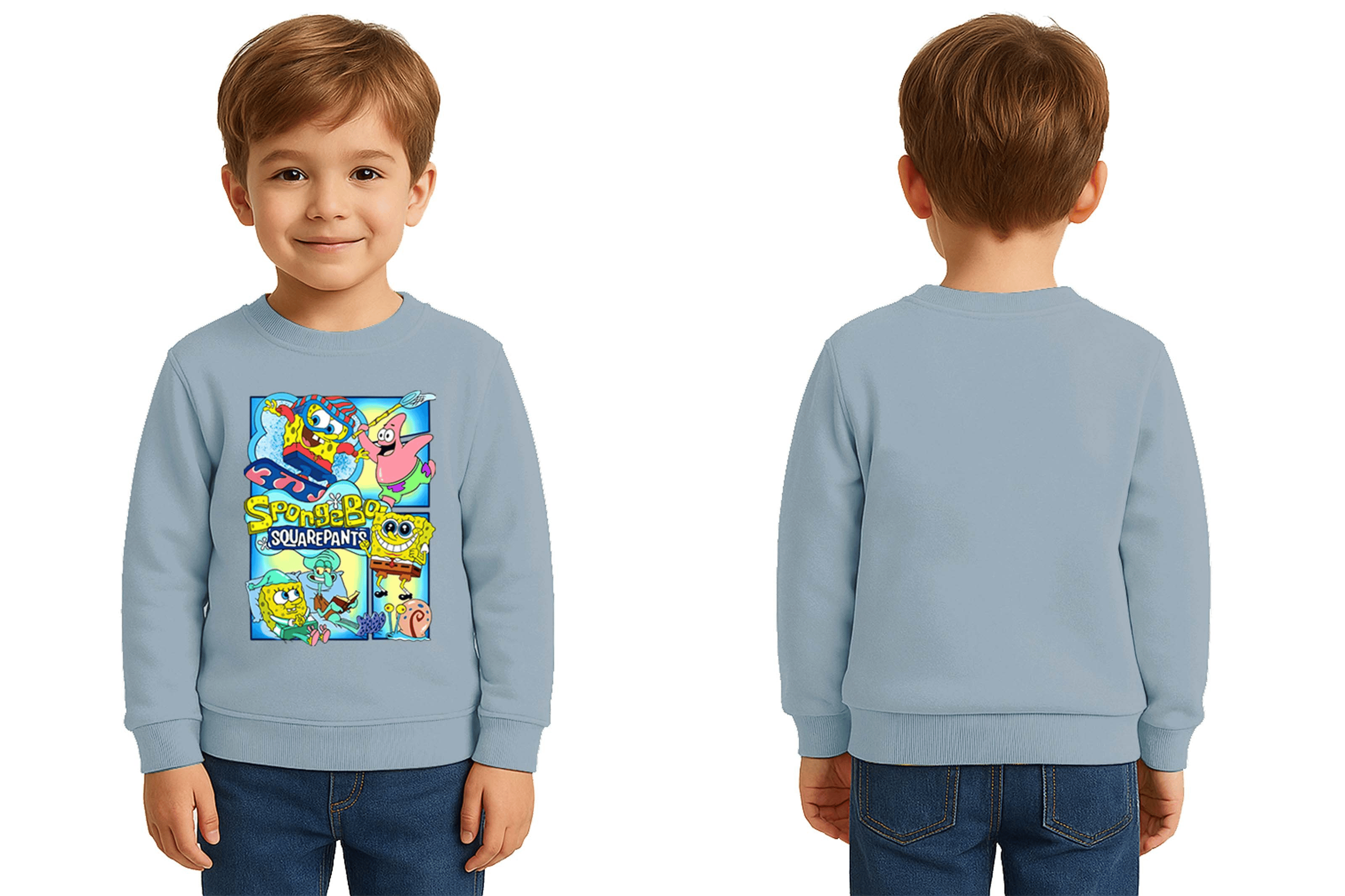 Unisex Sünger Bob Baskılı Çocuk Swaetshirt 3 İplik Şardonlu