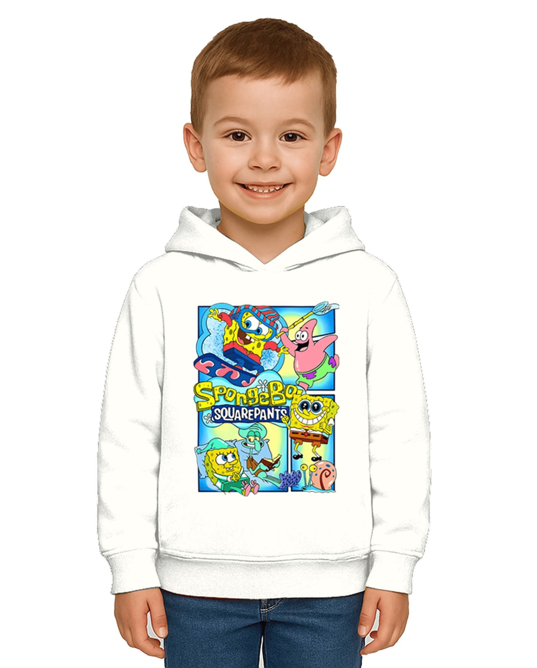 Unisex Sünger Bob Baskılı Çocuk Swaetshirt Kapşonlu 3 İplik Şardonlu