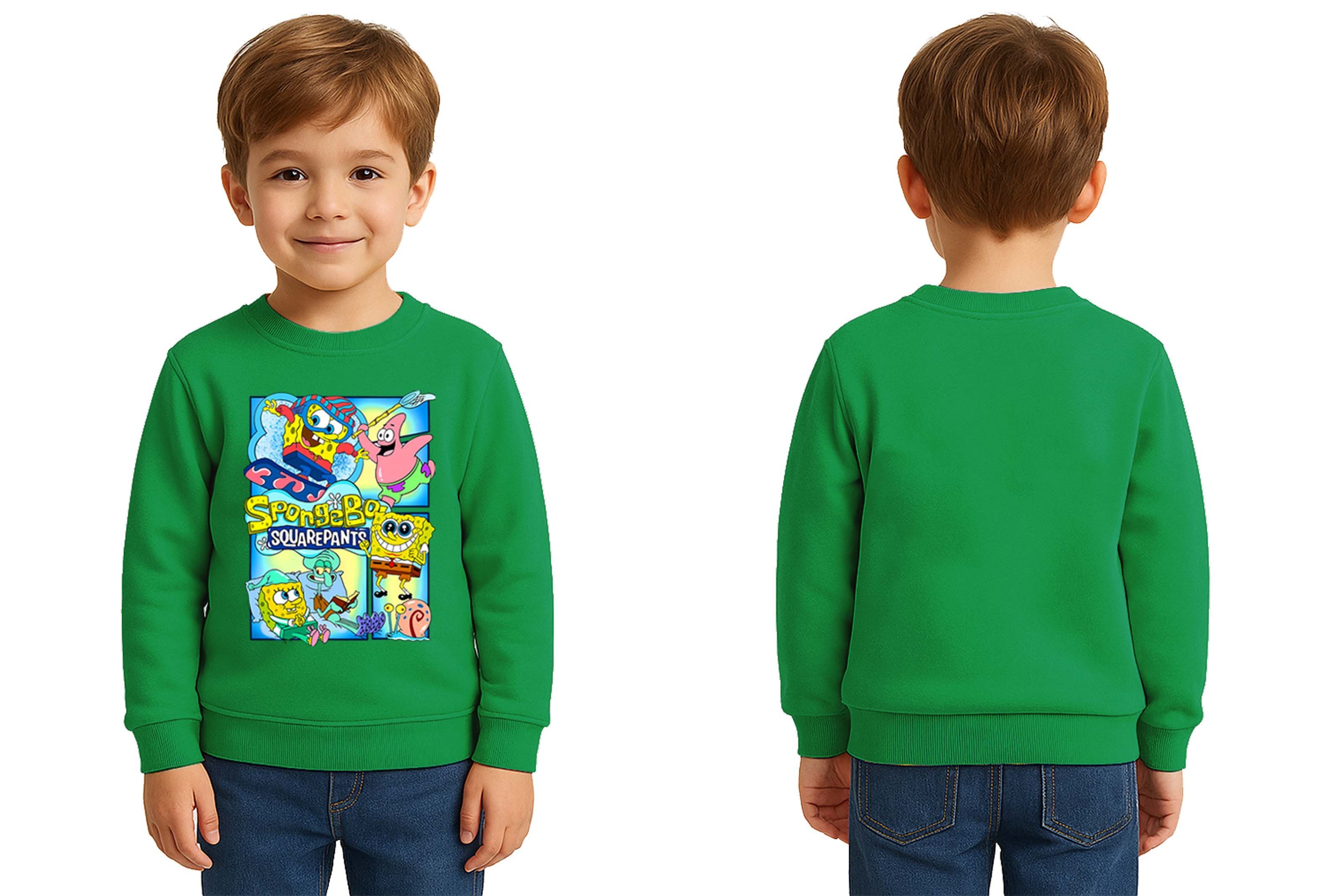 Unisex Sünger Bob Baskılı Çocuk Swaetshirt 3 İplik Şardonlu