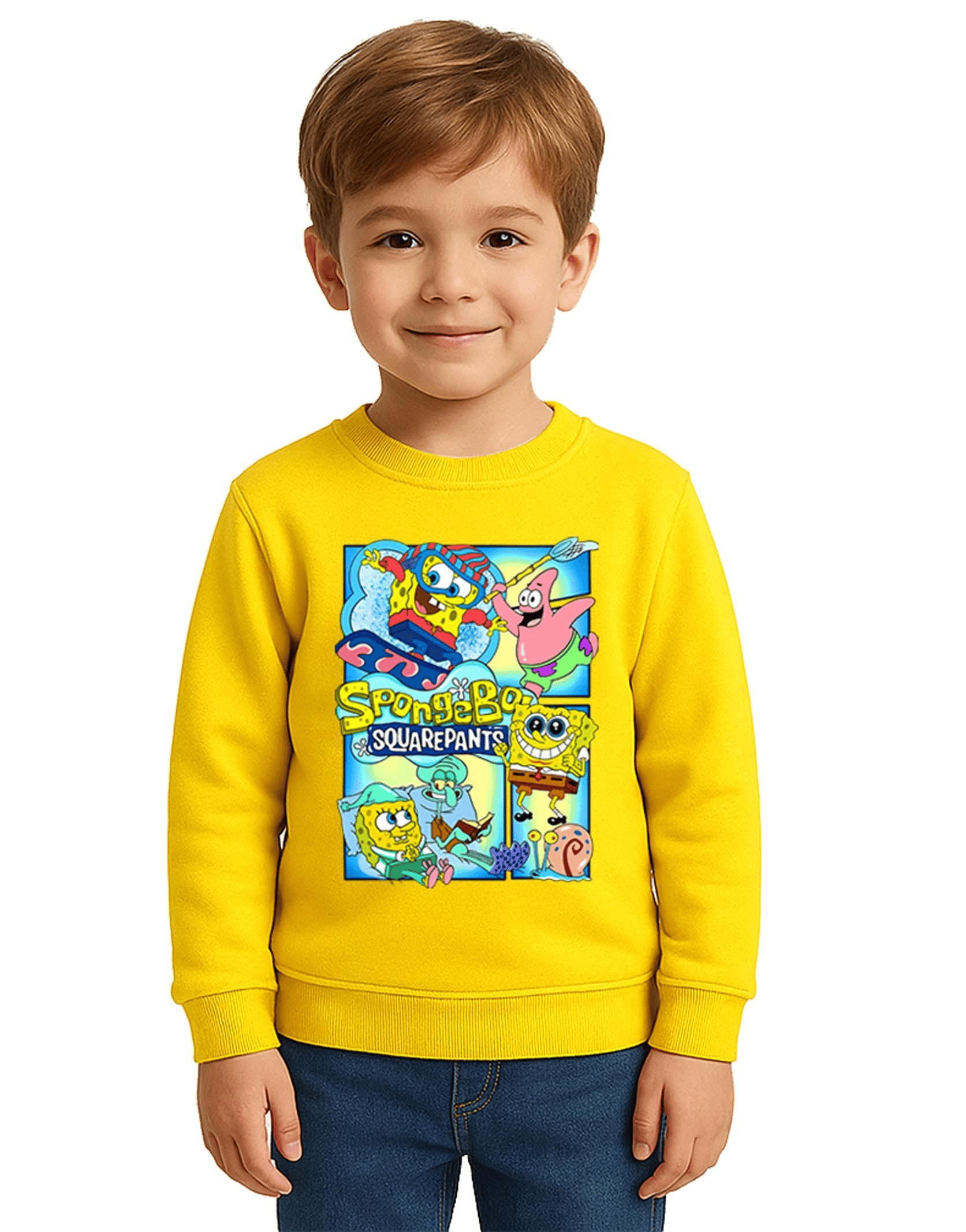 Unisex Sünger Bob Baskılı Çocuk Swaetshirt 3 İplik Şardonlu
