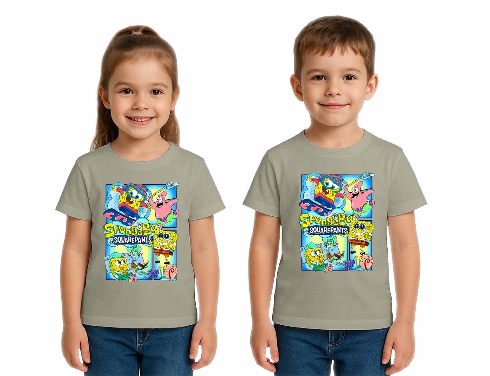 Unisex Sungerbob Baskılı Çocuk Tişört pamuklu penye kumaş