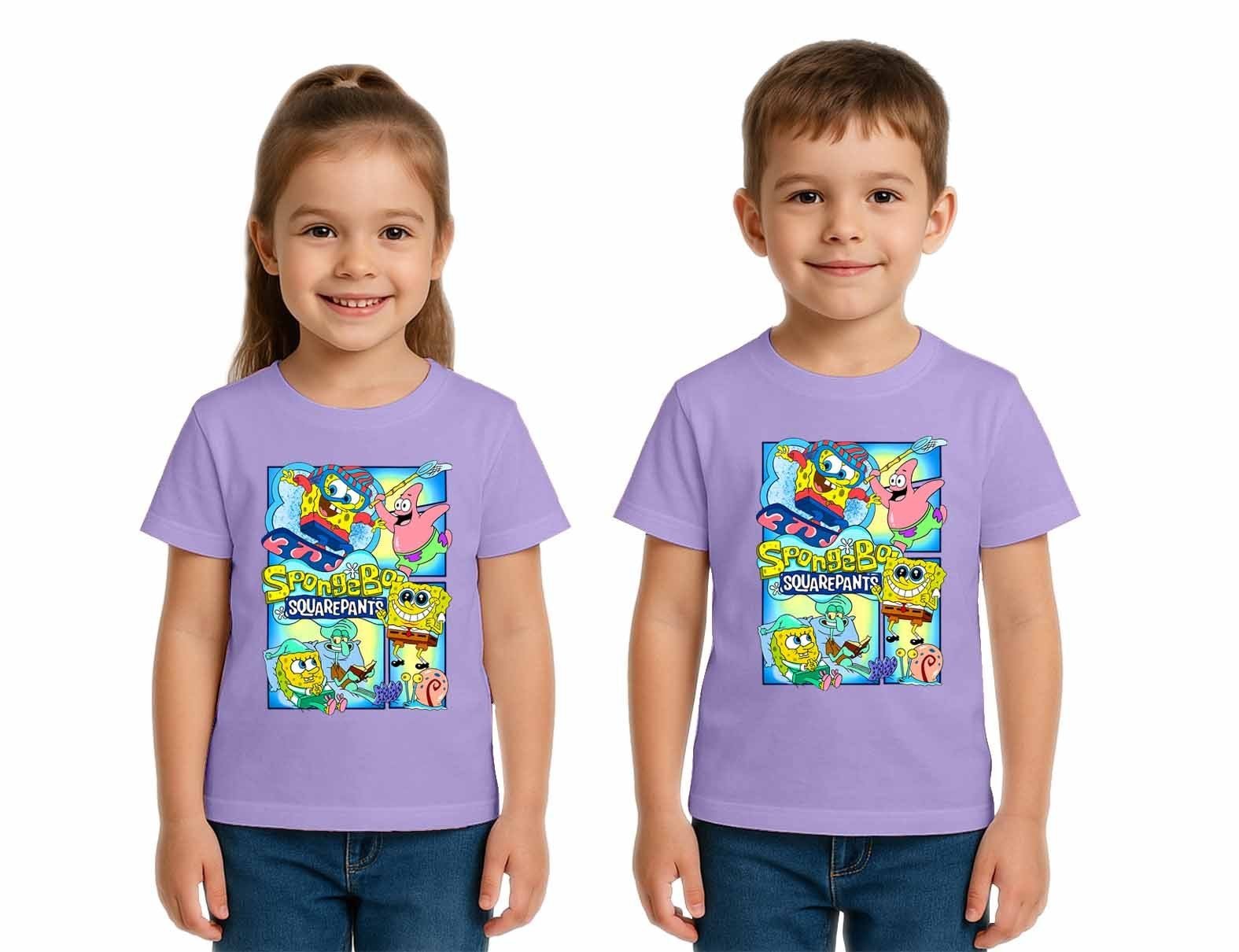 Unisex Sungerbob Baskılı Çocuk Tişört pamuklu penye kumaş