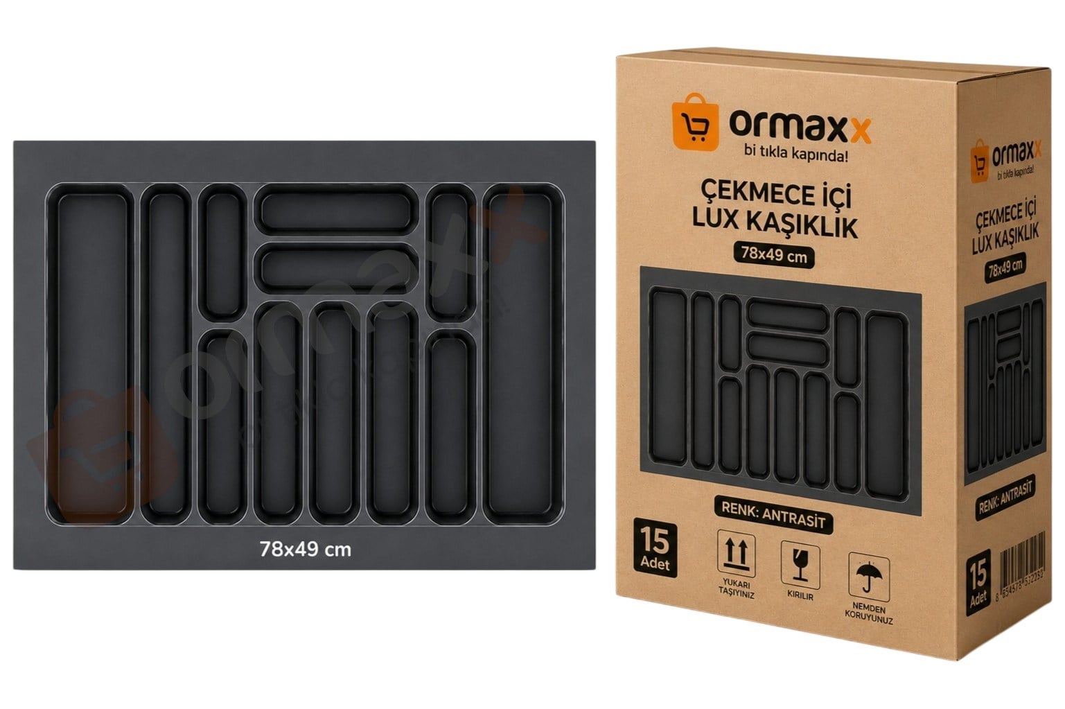 Çekmece İçi Lüks Plastik Kaşıklık 78*49 cm Antrasit - 15'li Koli {12 Göz En:695 mm Derinlik:400 mm Kesilebilir}