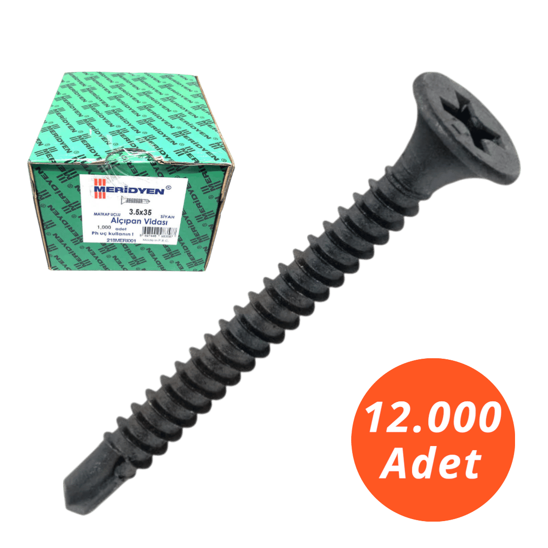 Meridyen Alçıpan Vidası 3,5*25 Matkap Uçlu 12.000 Adet - PH 2 Bits Uç ile Kullanılır