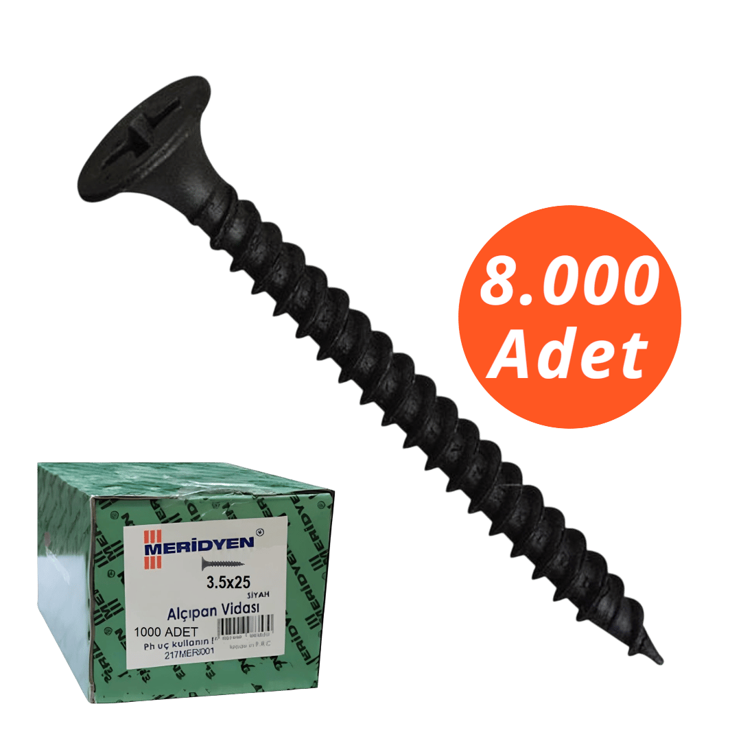 Meridyen Alçıpan Vidası 3,5*35 Sivri Uçlu 8.000 - PH 2 Bits Uç ile Kullanılır