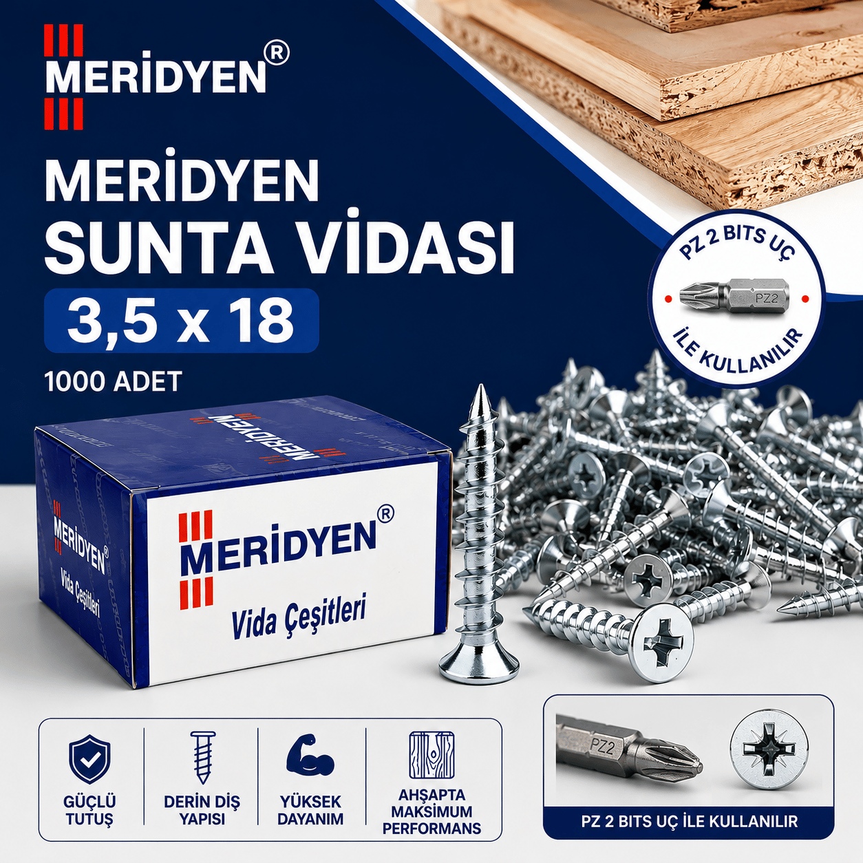 Meridyen Sunta Vidası 3,5*18 mm 1000'li Paket *36P - PZ 2 Bits Uç ile Kullanılır