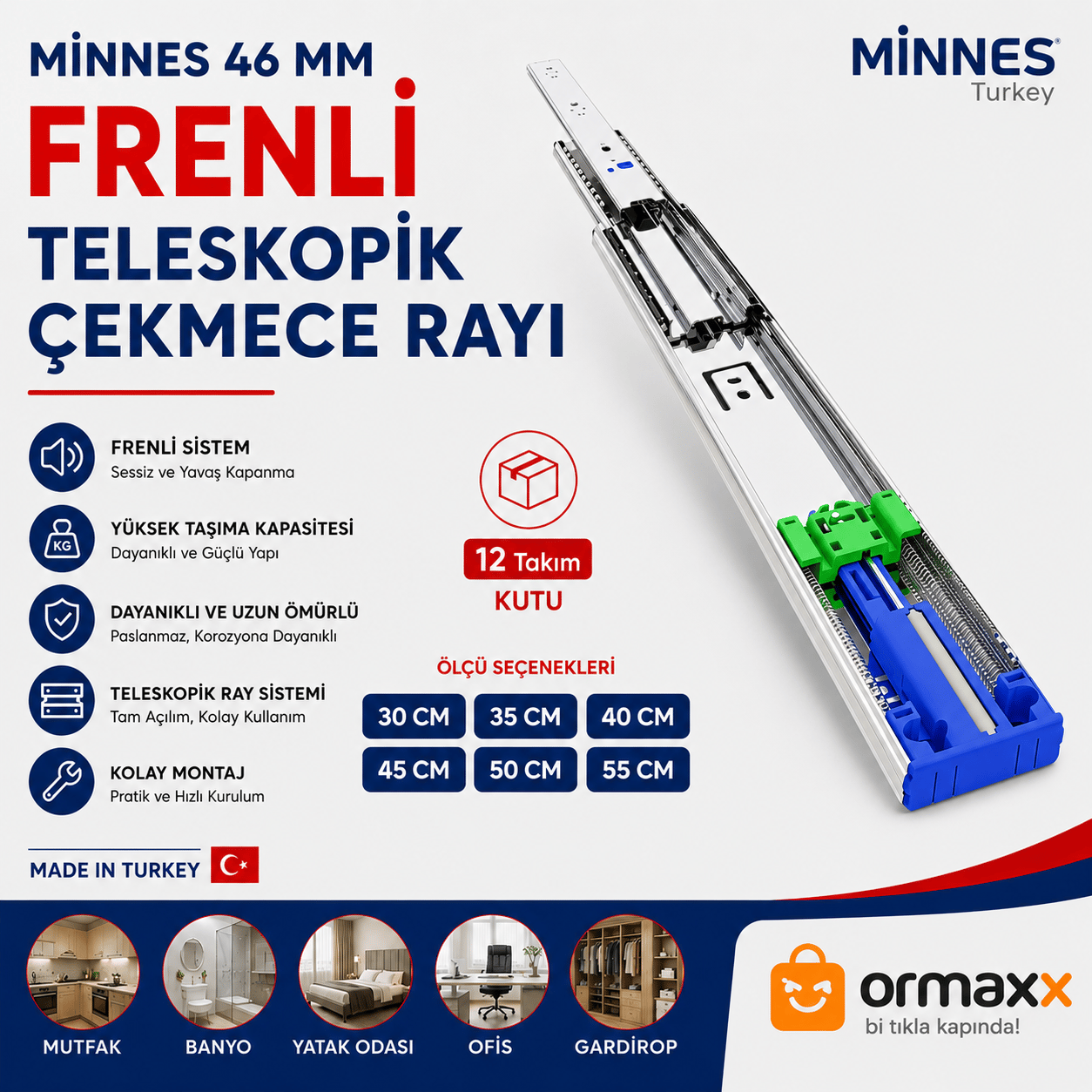 Minnes Frenli Teleskopik Çekmece Rayı 46*300 mm 12'li Koli