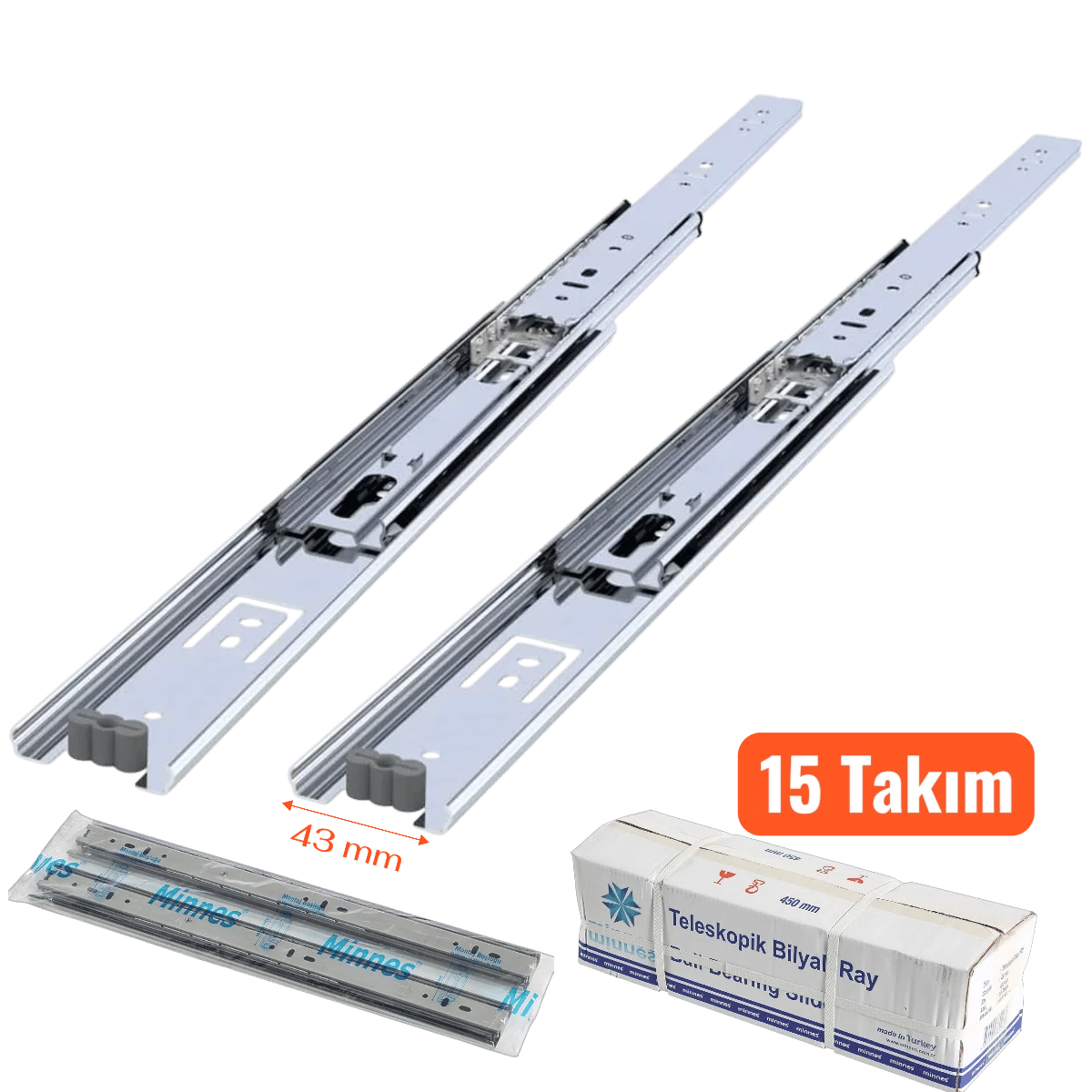 Minnes Teleskopik Çekmece Rayı 43*300 mm 15'li Koli