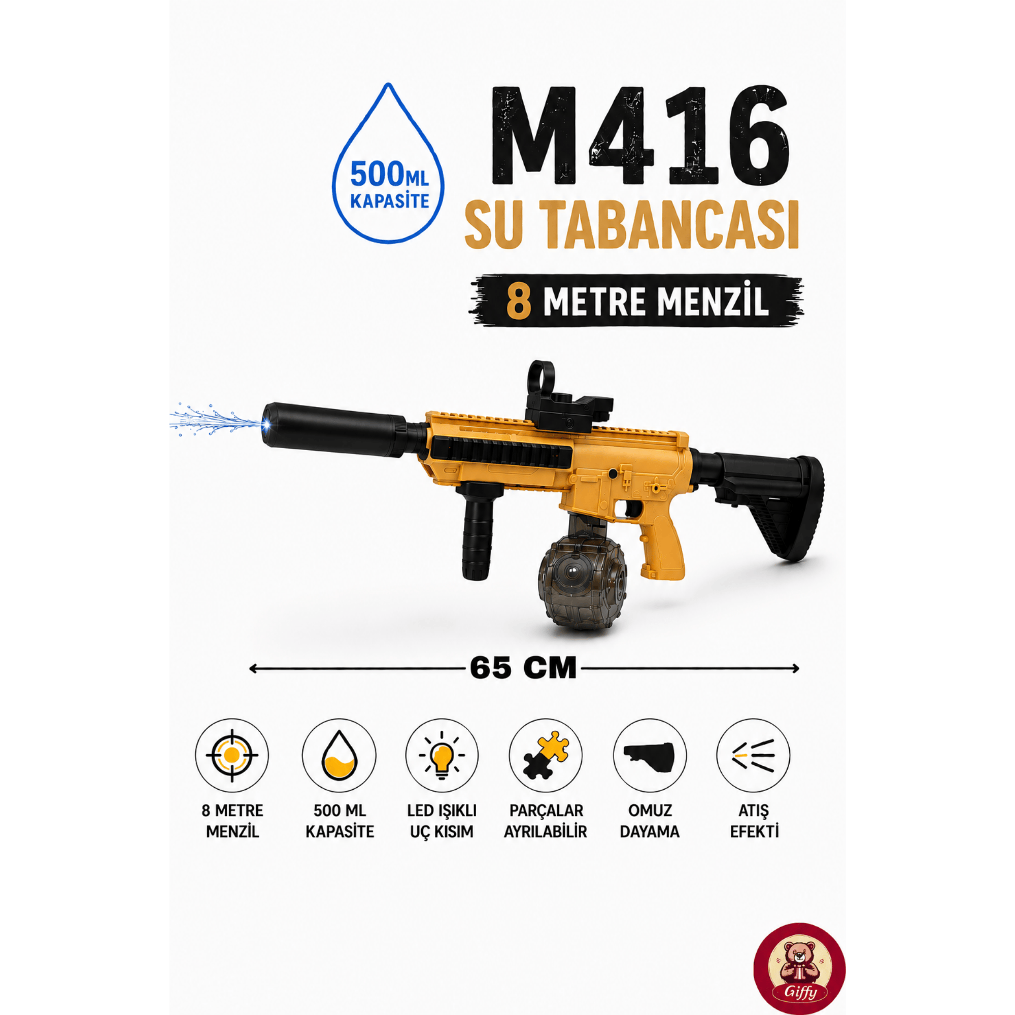  Oyuncak M416 Model Şarjlı Su Tabancası 500 ML Hazneli LED Işıklı 8 Metre Menzilli Sökülüp Takılır Yaz Deniz Havuz Açık Hava Oyuncağı