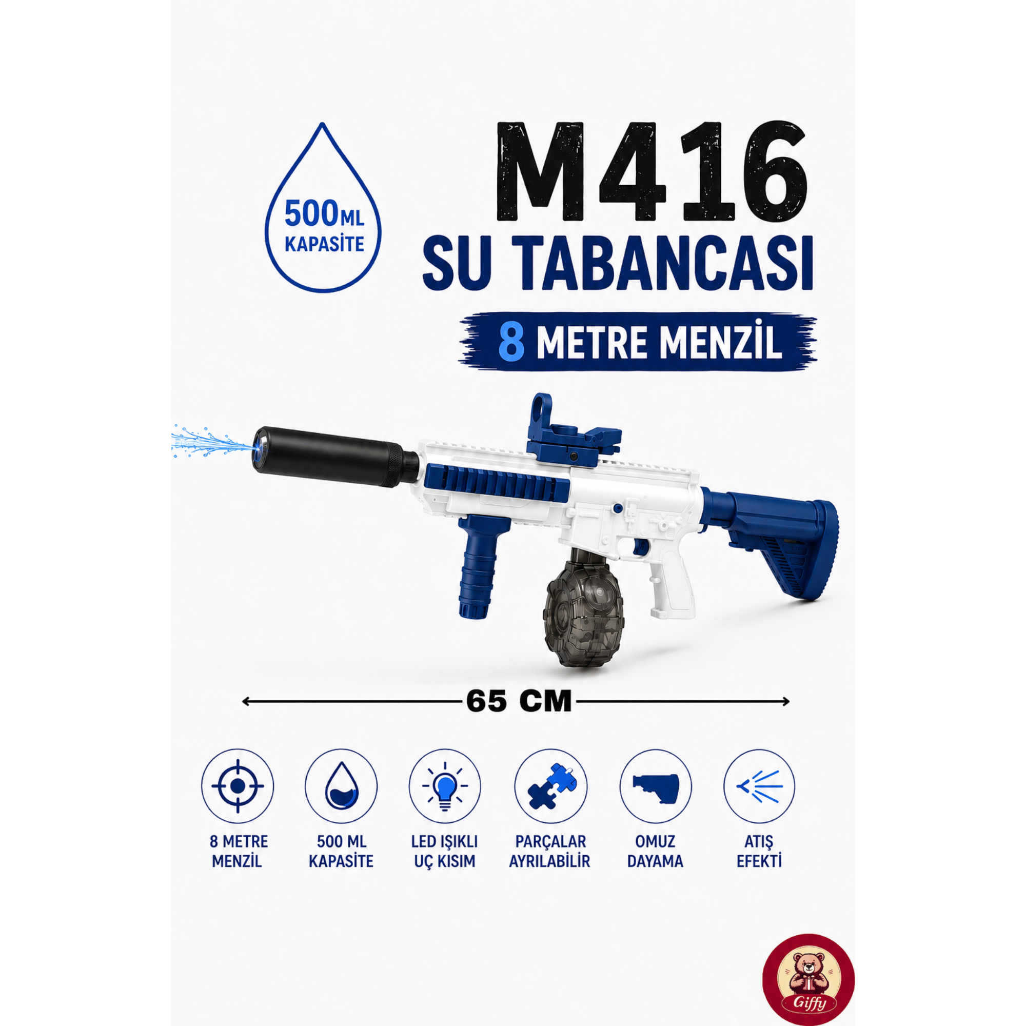 Oyuncak M416 Model Şarjlı Su Tabancası 500 ML Hazneli LED Işıklı 8 Metre Menzilli Sökülüp Takılır Yaz Deniz Havuz Açık Hava Oyuncağı