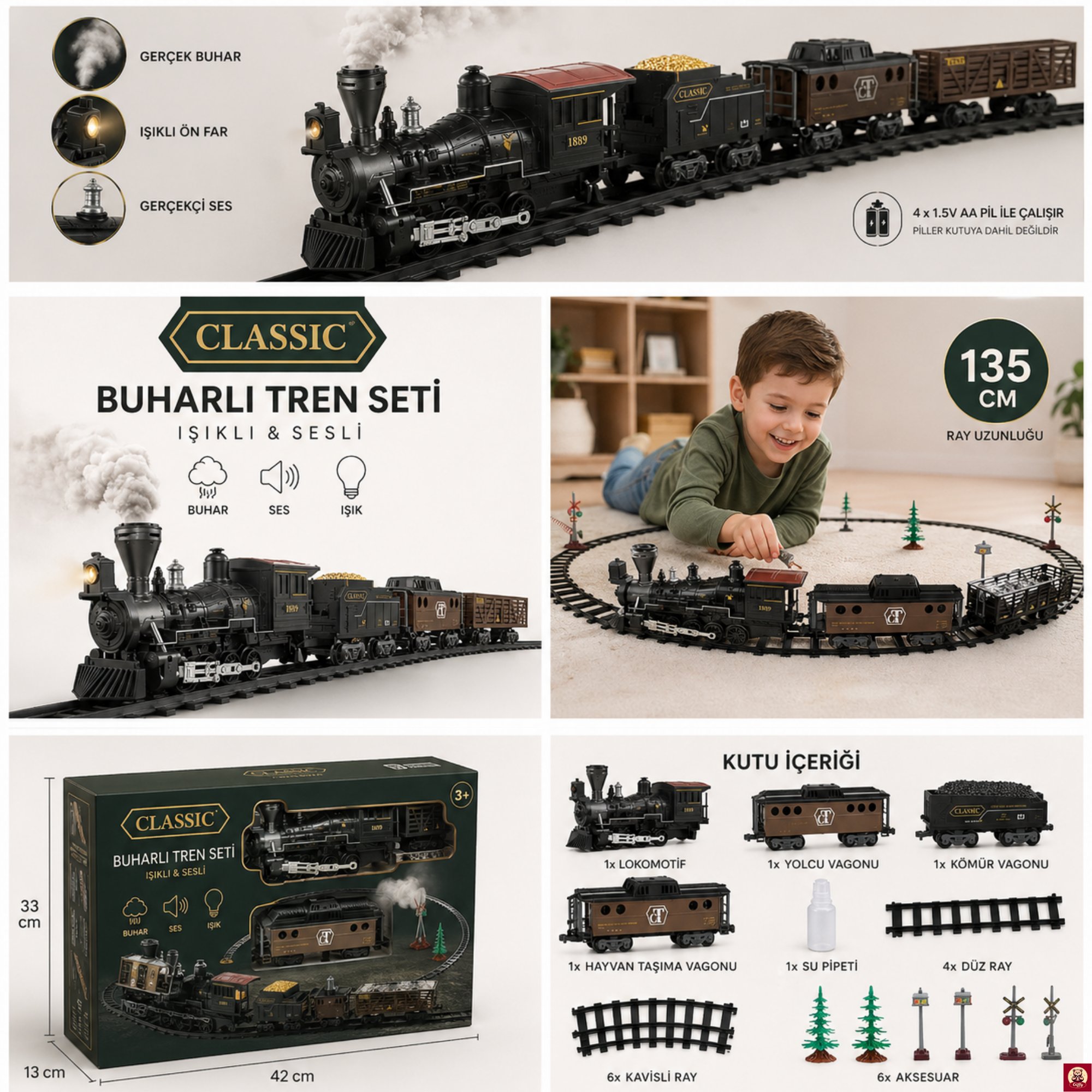 Işıklı Sesli Buharlı Tren Seti 30 Parça – Gerçek Buhar Efektli, Klasik Lokomotif Oyuncak Tren (135 cm Ray)