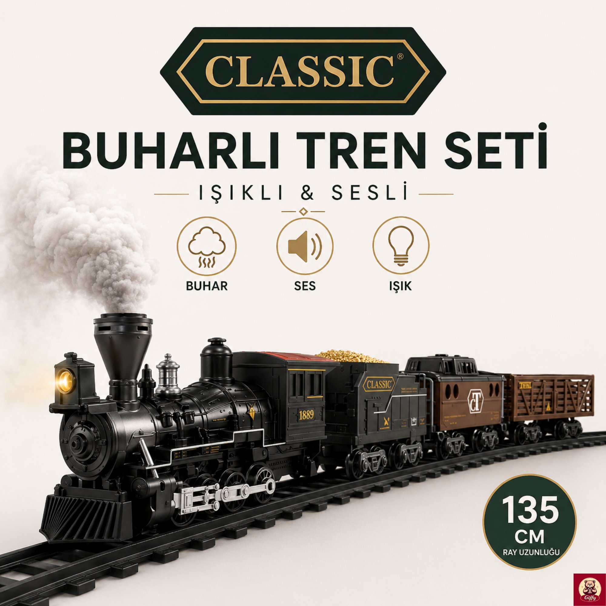Işıklı Sesli Buharlı Tren Seti 30 Parça – Gerçek Buhar Efektli, Klasik Lokomotif Oyuncak Tren (135 cm Ray)