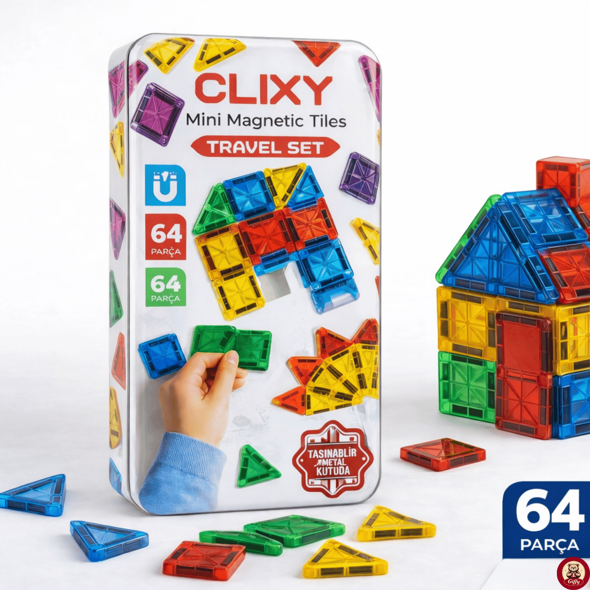 Manyetik Yapı Blokları - 64 Parça Seyahat Tipi Mini Bloklar Metal Saklama Kutulu Çanta Boy Renkli
