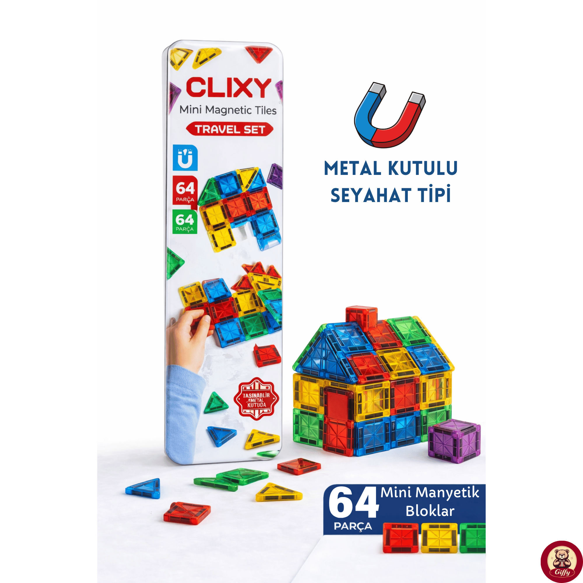 Manyetik Yapı Blokları - 64 Parça Seyahat Tipi Mini Bloklar Metal Saklama Kutulu Çanta Boy Renkli