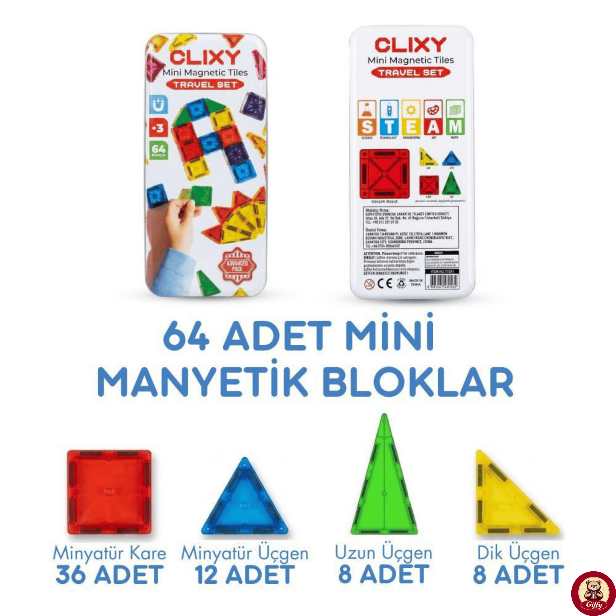 Manyetik Yapı Blokları - 64 Parça Seyahat Tipi Mini Bloklar Metal Saklama Kutulu Çanta Boy Renkli